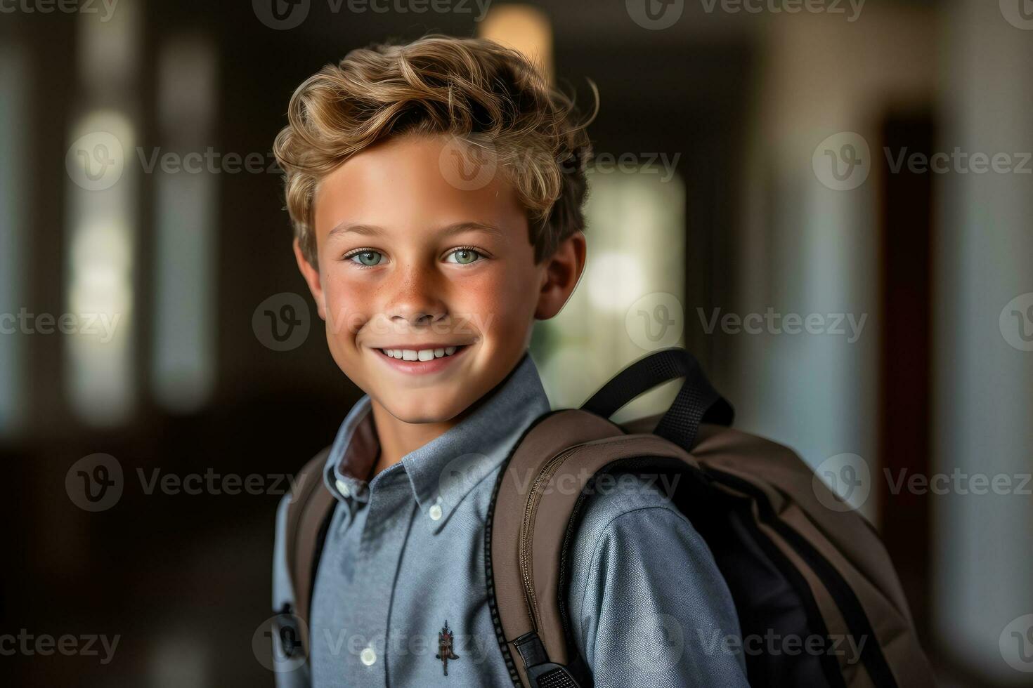 retrato de un caucásico estudiante chico Listo para el primero día de colegio vistiendo un mochila y posando con un grande sonrisa. generativo ai foto