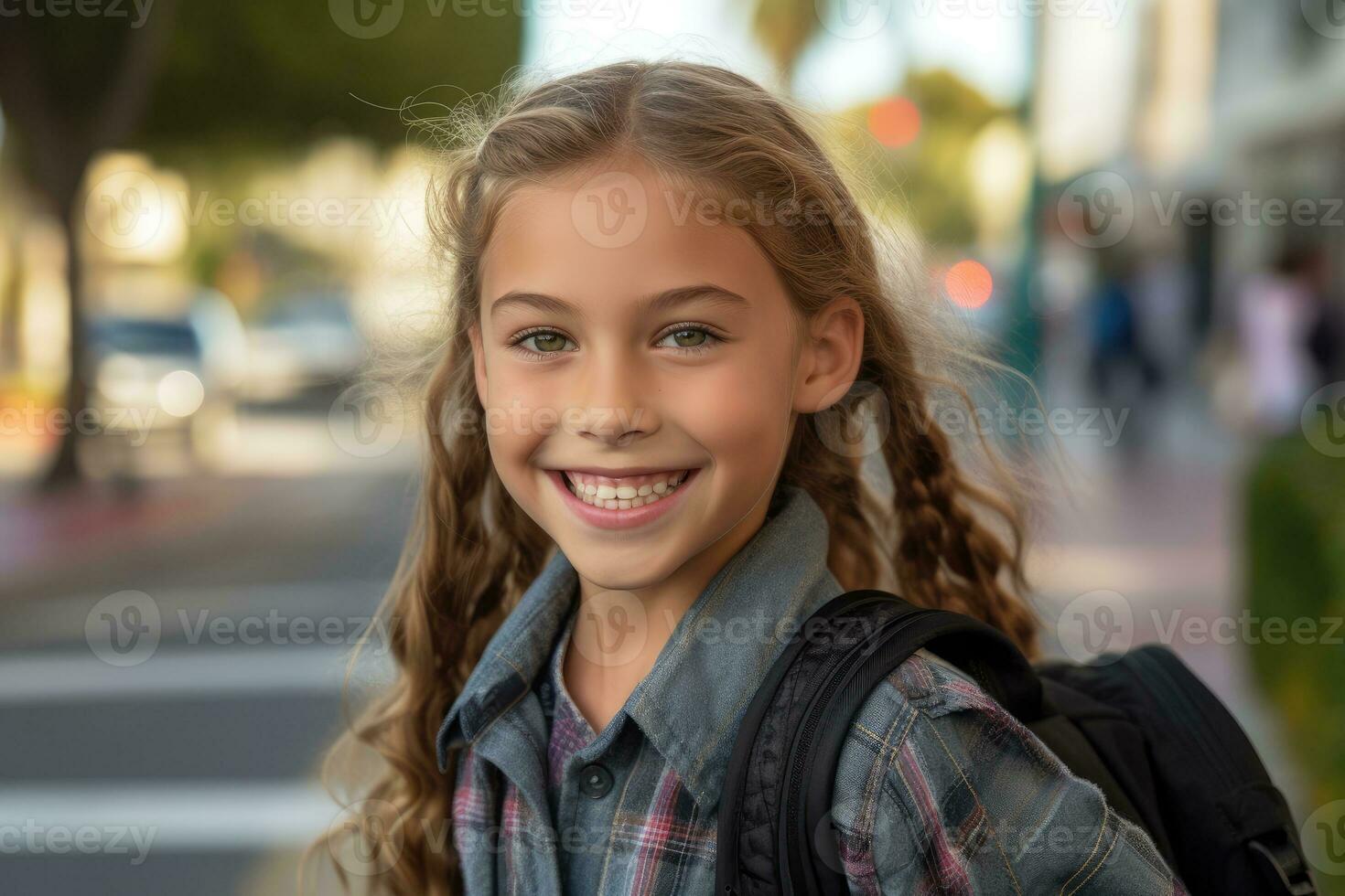 Portrait of a caucasian student girl ready for the first day of school wearing a backpack and posing with a big smile. Generative AI photo