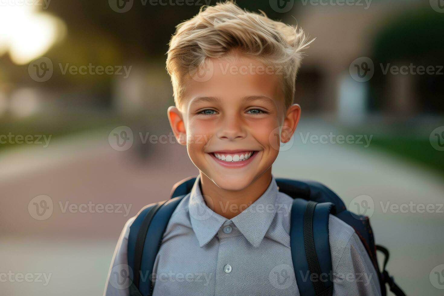 retrato de un caucásico estudiante chico Listo para el primero día de colegio vistiendo un mochila y posando con un grande sonrisa. generativo ai foto