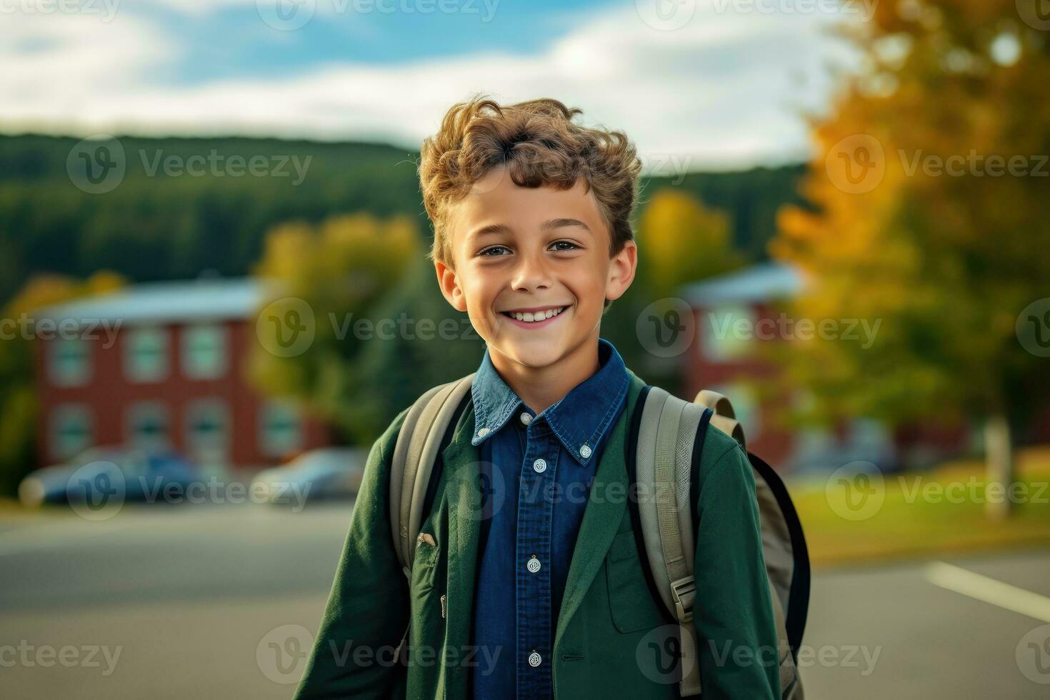 retrato de un caucásico estudiante chico Listo para el primero día de colegio vistiendo un mochila y posando con un grande sonrisa. generativo ai foto