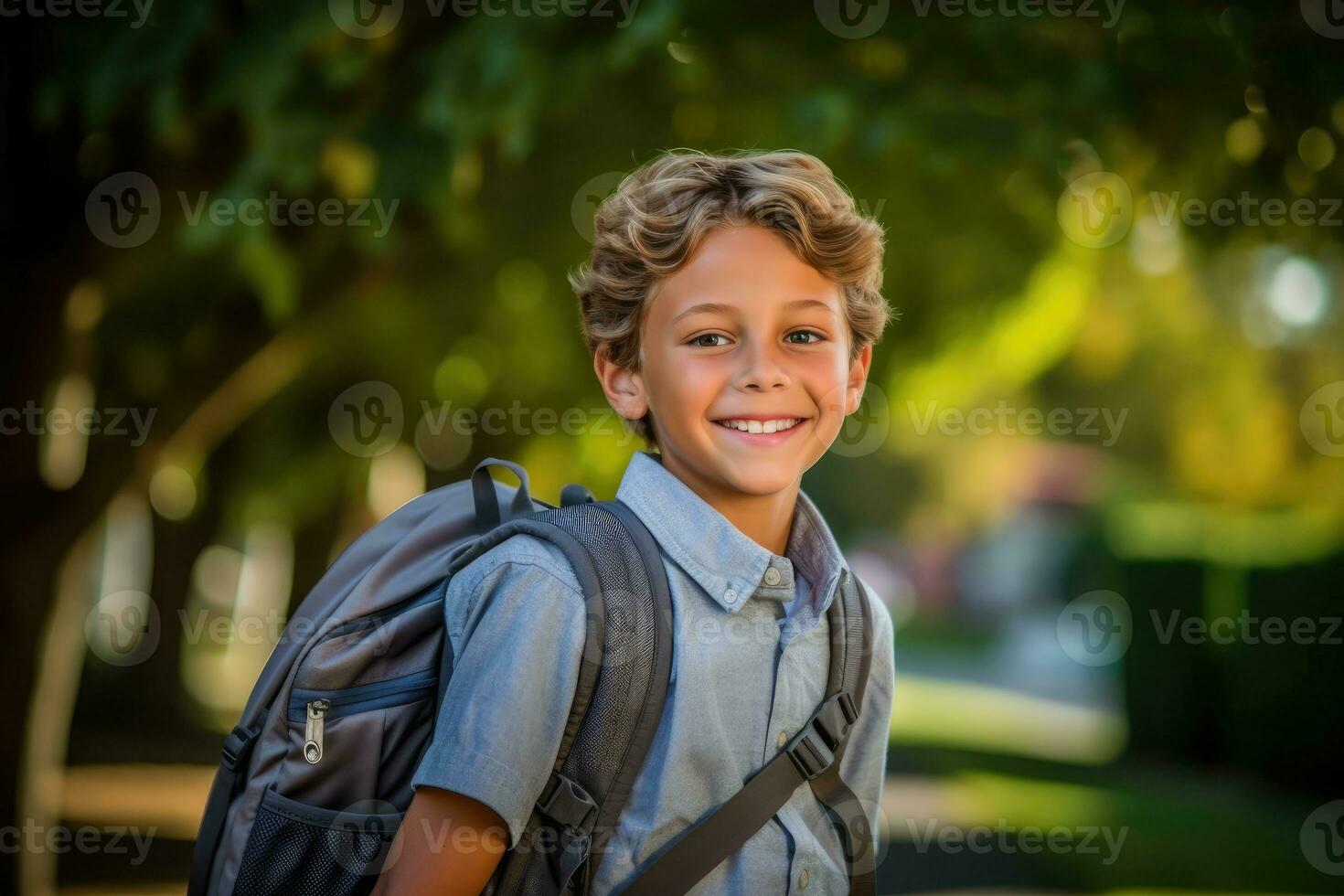Portrait of a caucasian student boy ready for the first day of school wearing a backpack and posing with a big smile. Generative AI photo