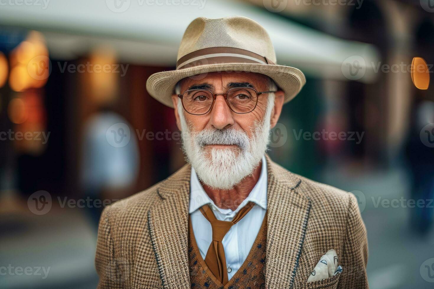 A stylish elderly man dressed in trendy attire, showcasing how they embrace current fashion trends. Generative AI photo