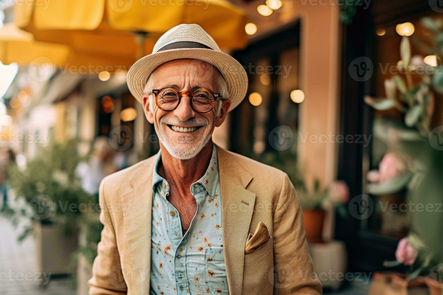 A stylish elderly man dressed in trendy attire, showcasing how they embrace current fashion trends. Generative AI photo