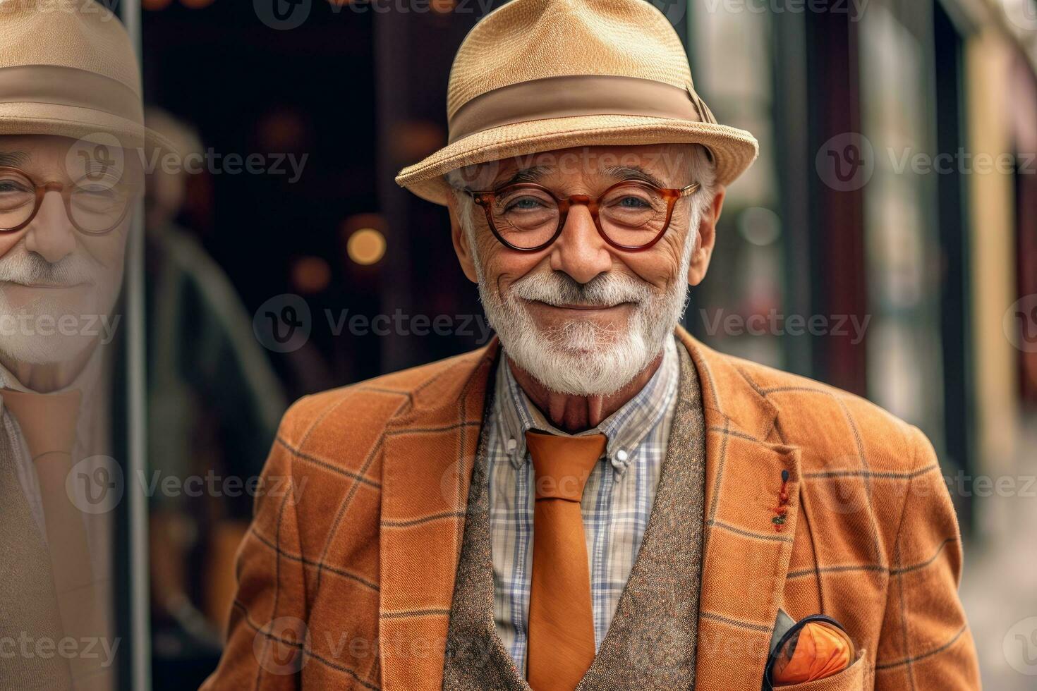 A stylish elderly man dressed in trendy attire, showcasing how they embrace current fashion trends. Generative AI photo