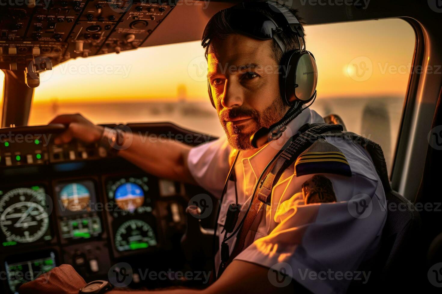 Environmental portrait of a pilot in the cockpit of an airplane, ready for takeoff.  Generative AI photo