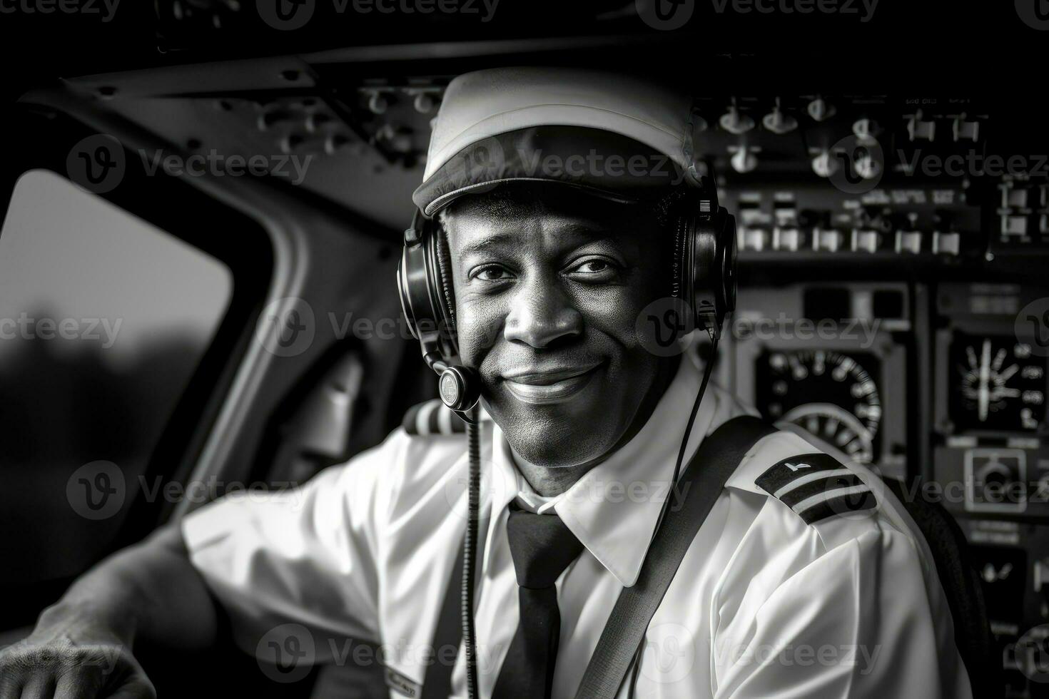 Environmental portrait of a pilot in the cockpit of an airplane, ready for takeoff.  Generative AI photo