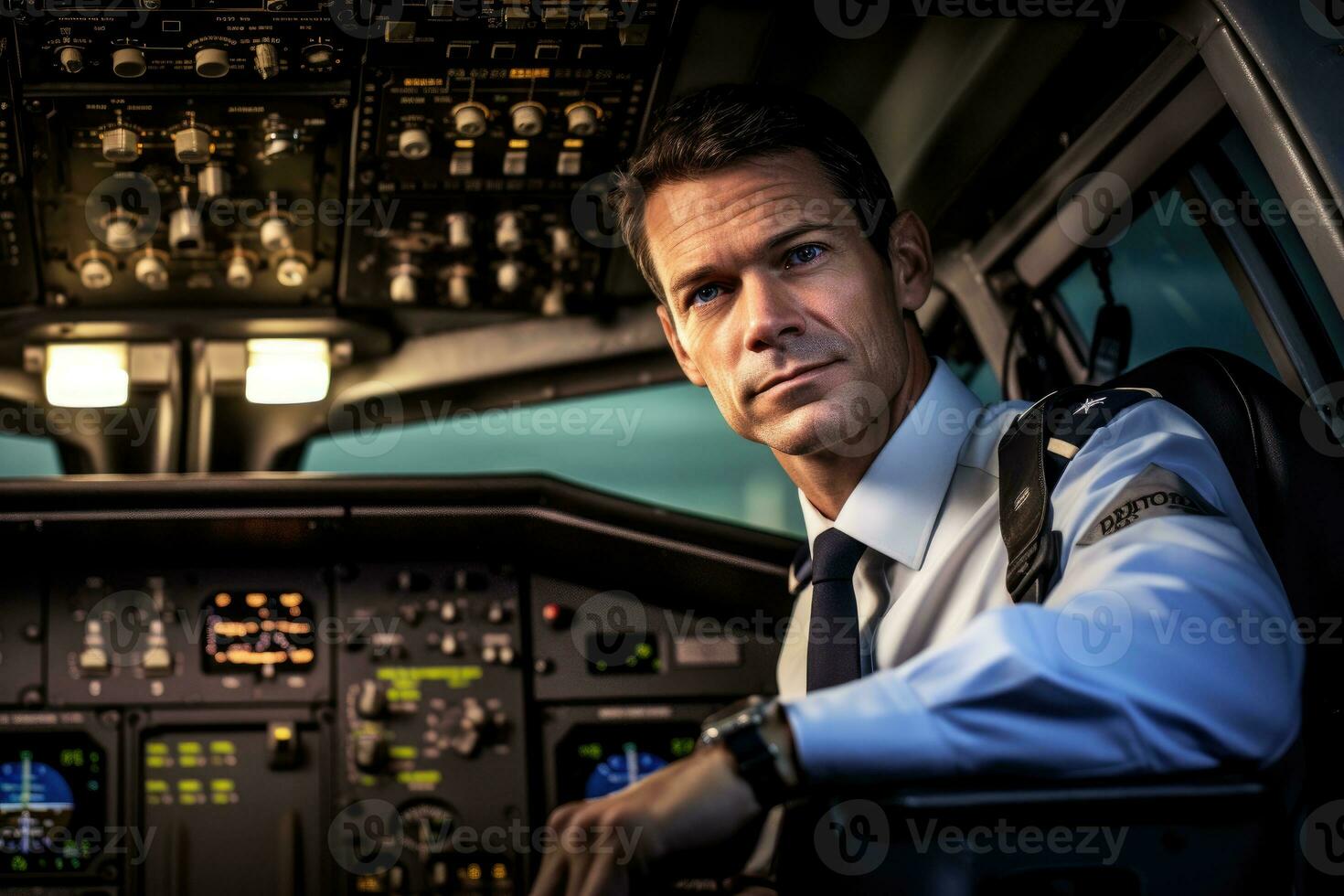Environmental portrait of a pilot in the cockpit of an airplane, ready for takeoff.  Generative AI photo