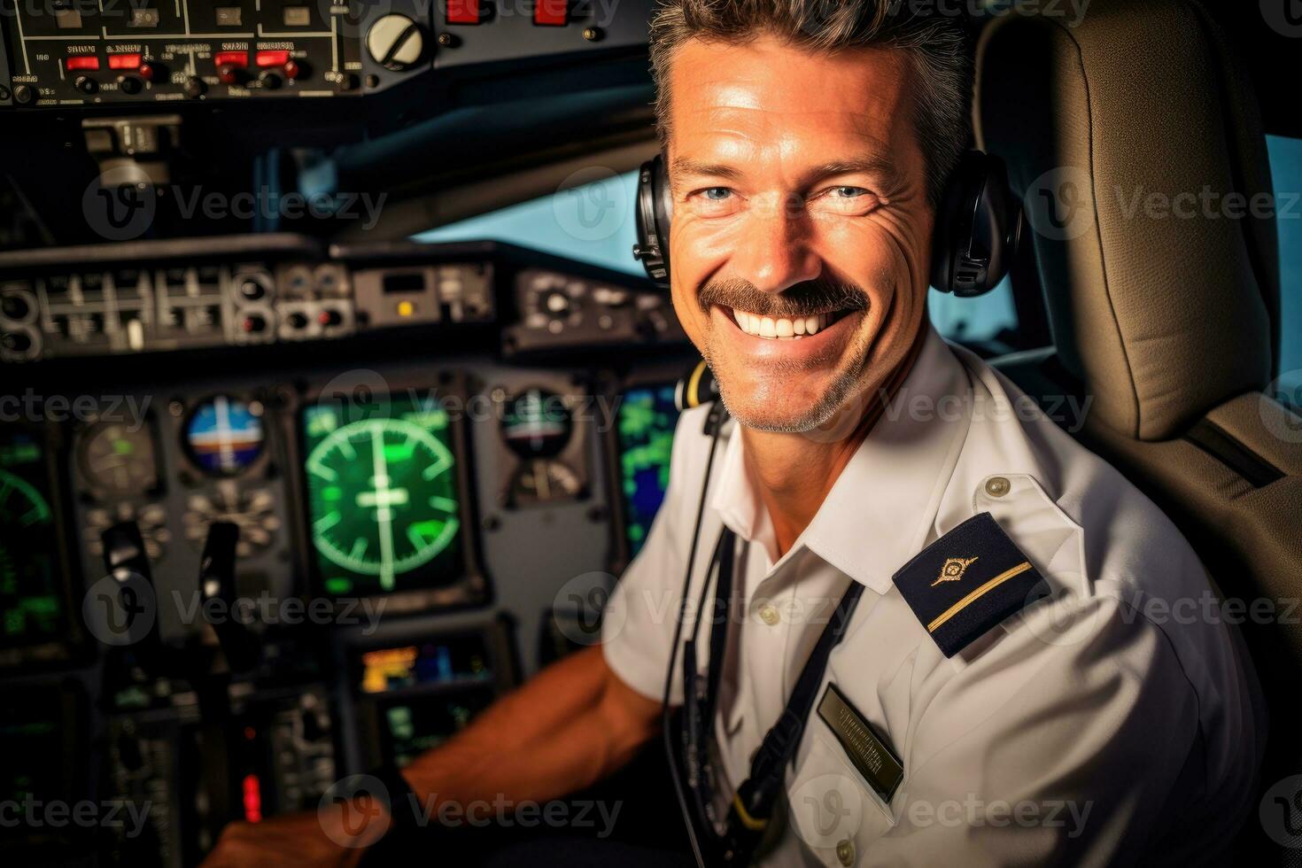 Environmental portrait of a pilot in the cockpit of an airplane, ready for takeoff.  Generative AI photo