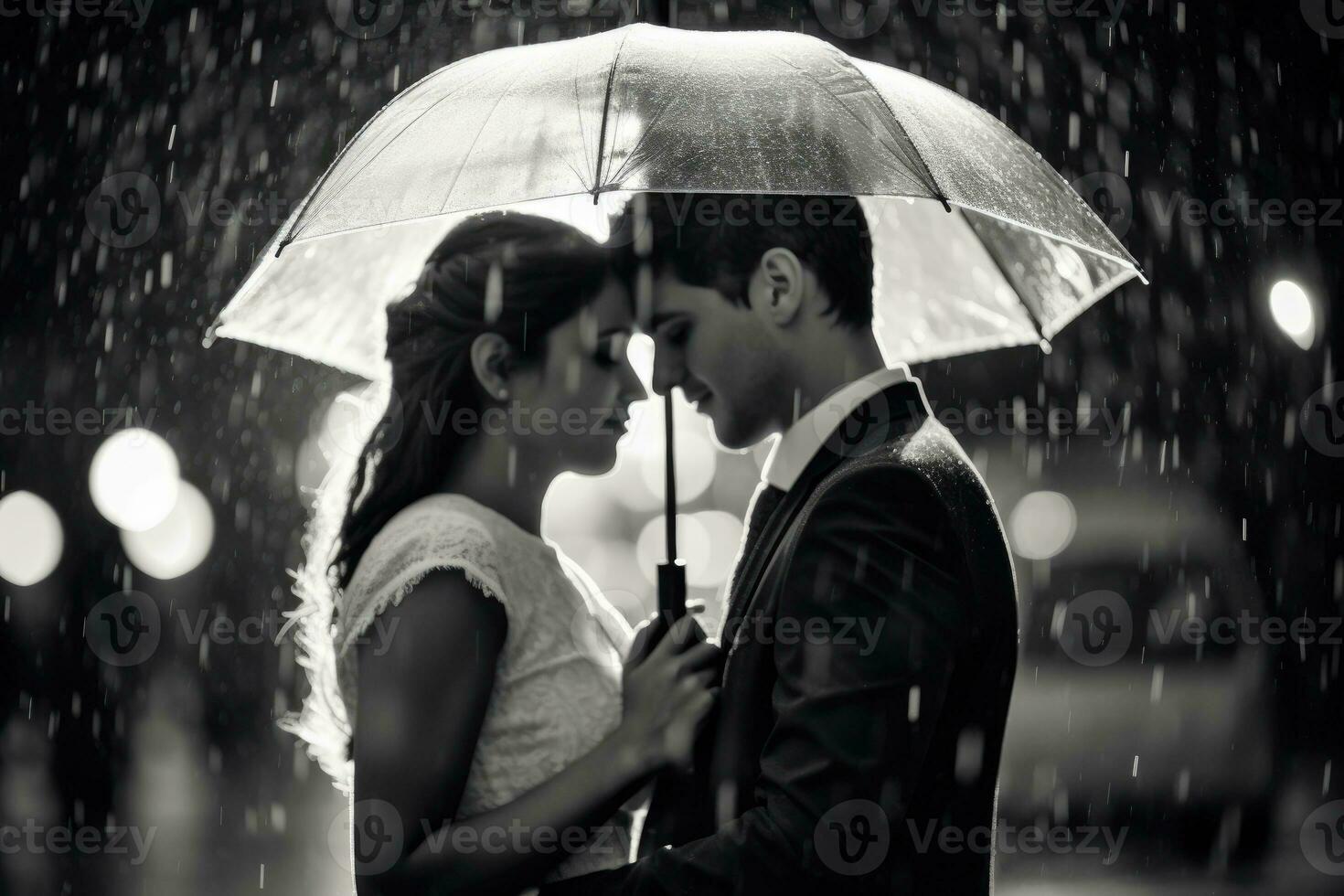 A close - up shot of a couple embracing under an umbrella in the rain. Generative AI photo