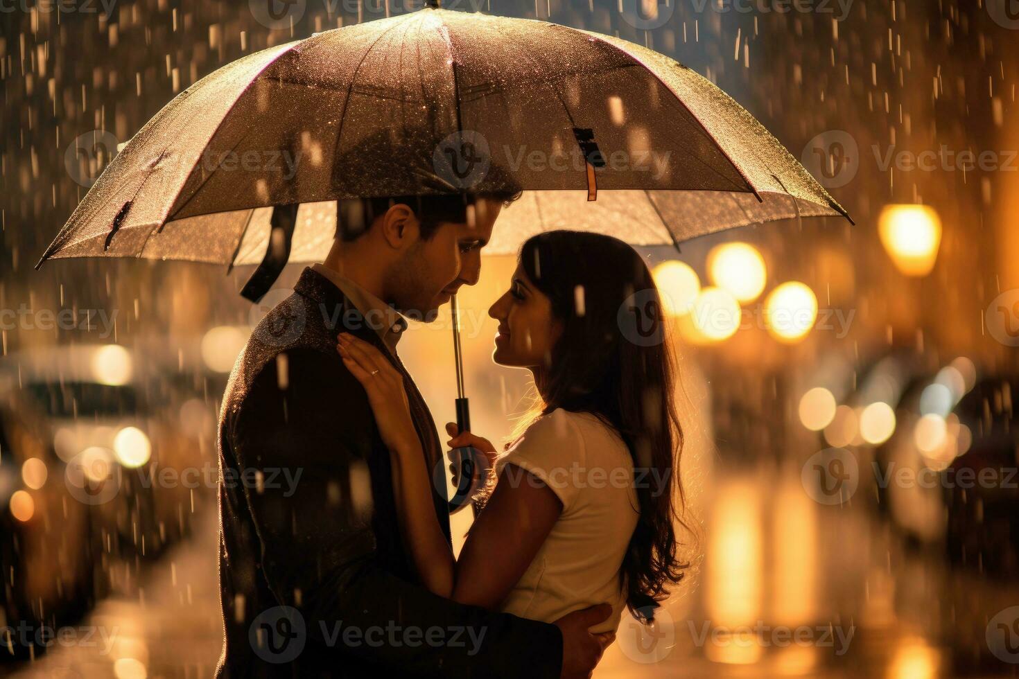 A close - up shot of a couple embracing under an umbrella in the rain. Generative AI photo