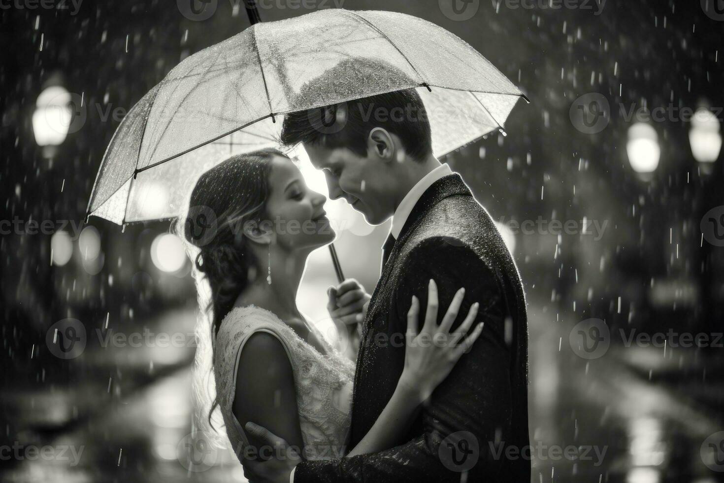 A close - up shot of a couple embracing under an umbrella in the rain. Generative AI photo