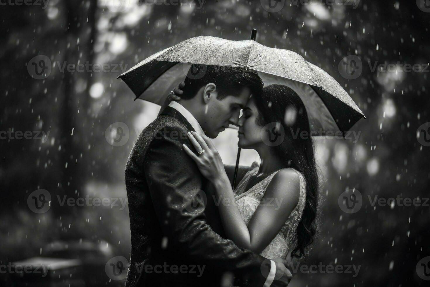A close - up shot of a couple embracing under an umbrella in the rain. Generative AI photo
