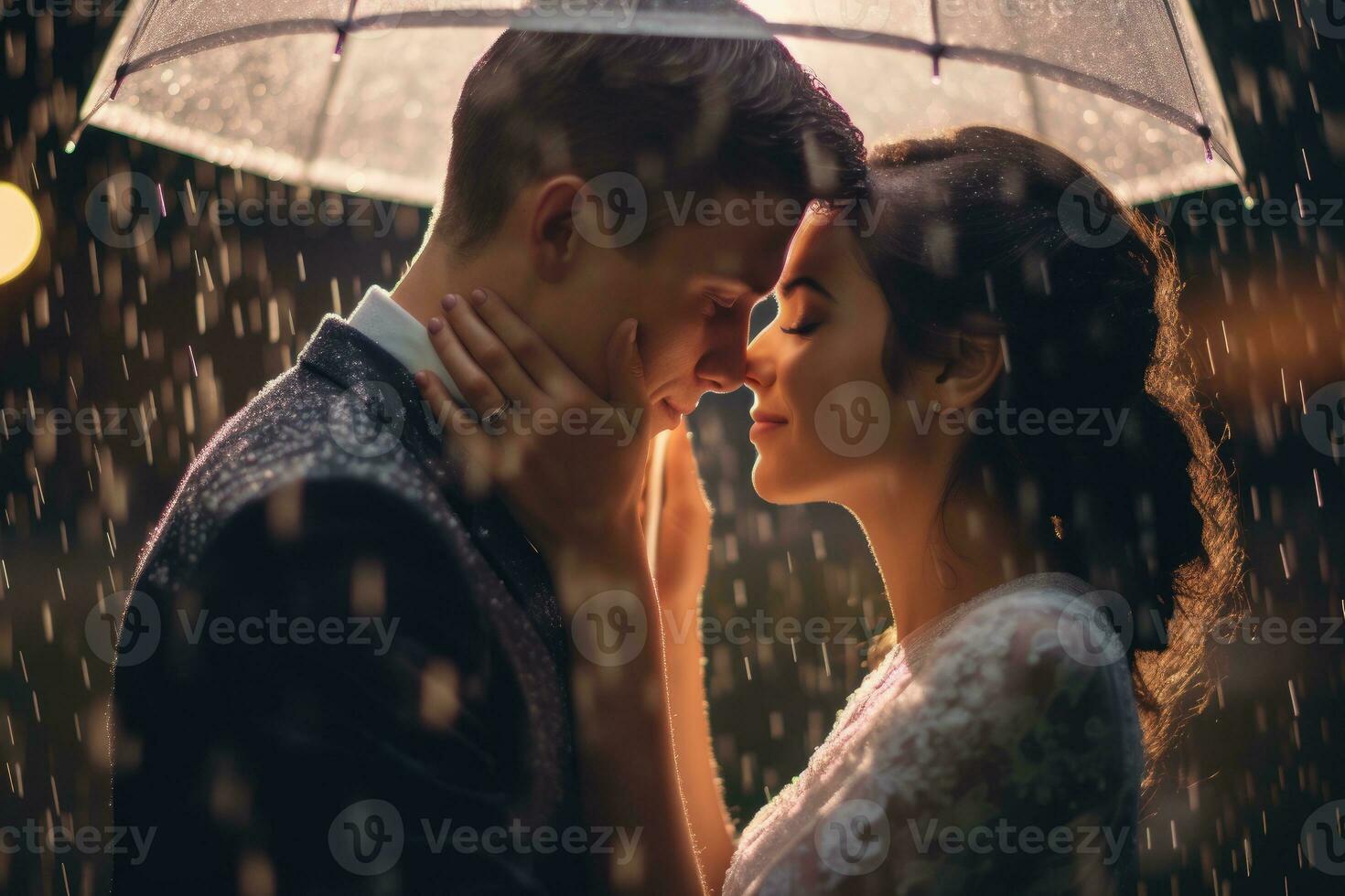 A close - up shot of a couple embracing under an umbrella in the rain. Generative AI photo