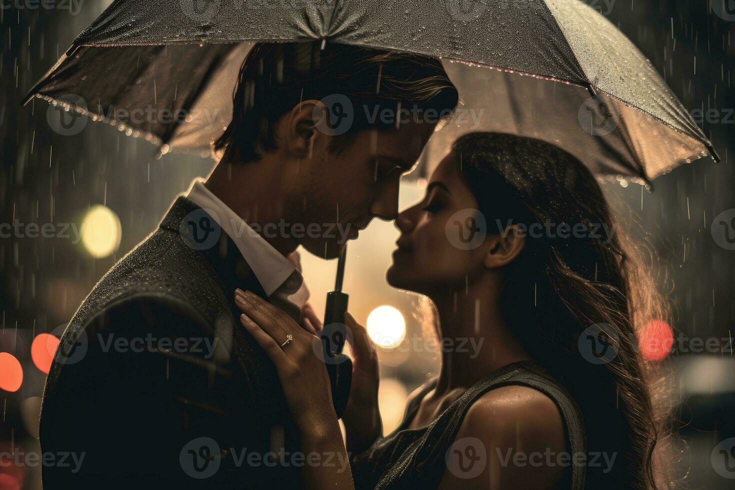 A close - up shot of a couple embracing under an umbrella in the rain. Generative AI photo