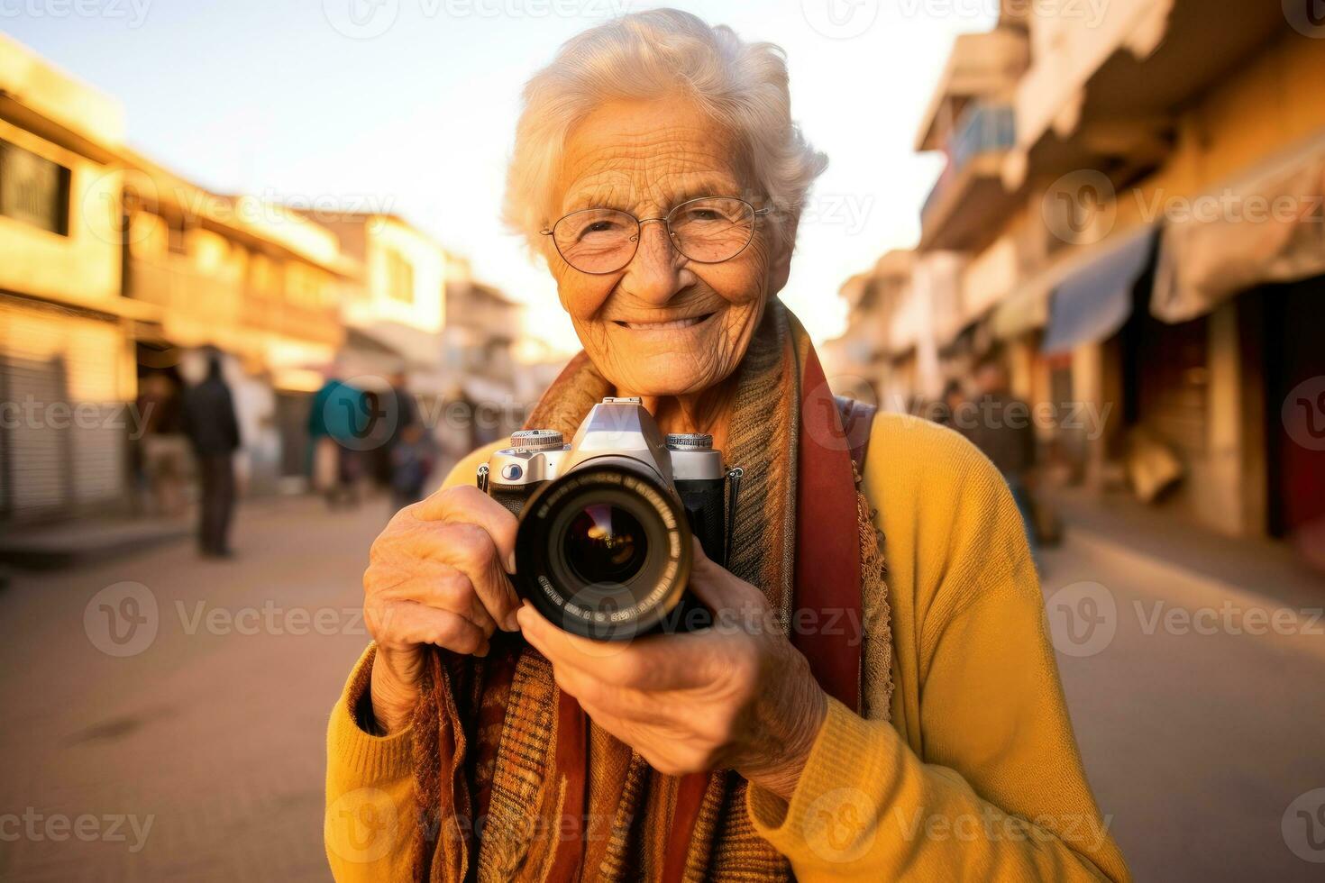 An elderly woman using a camera and a photography hobby, demonstrating her skills to adapt to modern developments. Generative AI photo