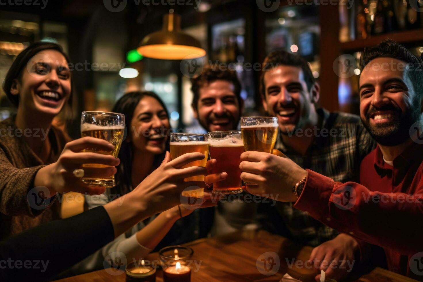 A group of friends toasting and celebrating with their beers in a vibrant, well - lit bar. Generative AI photo