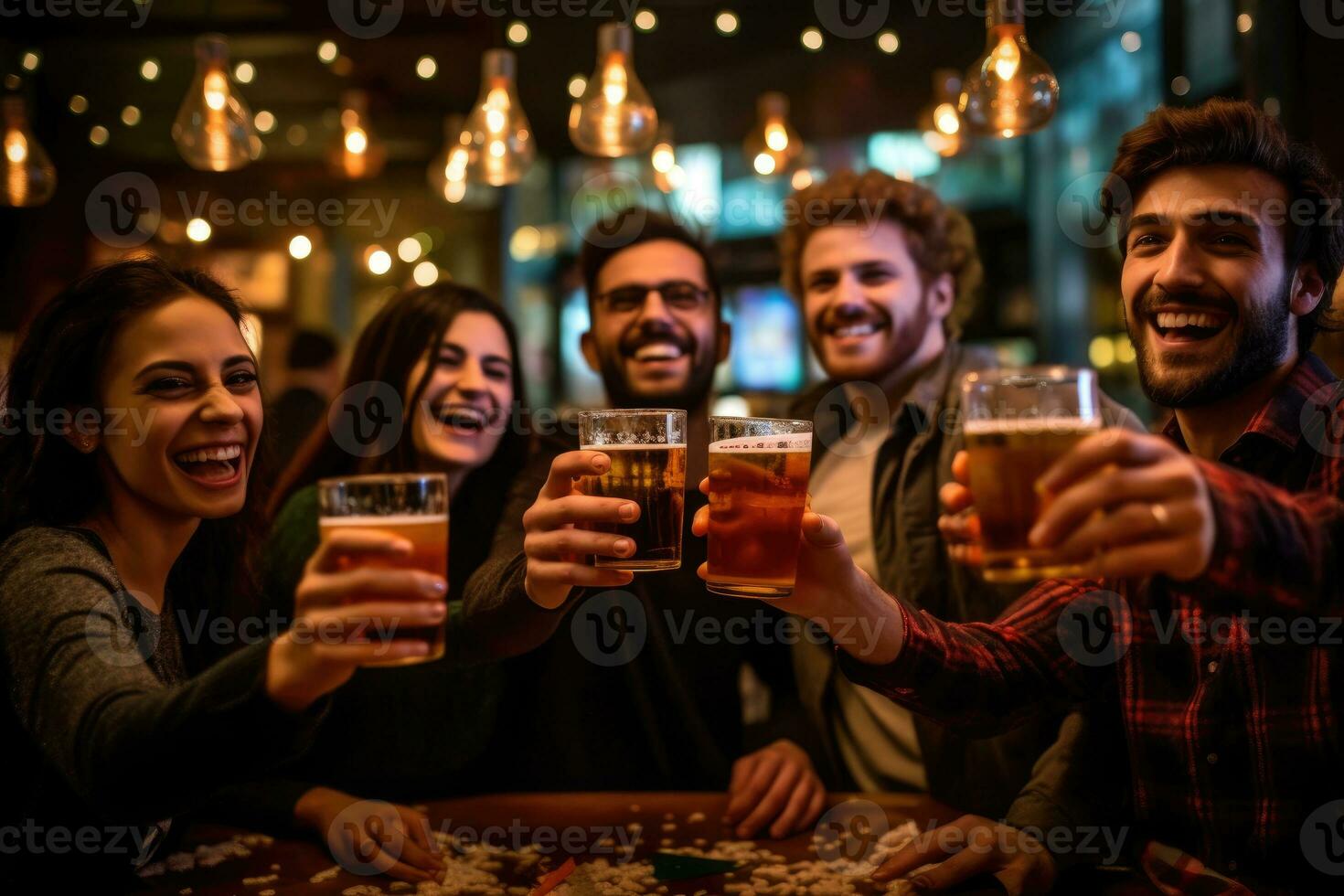 A group of friends toasting and celebrating with their beers in a vibrant, well - lit bar. Generative AI photo