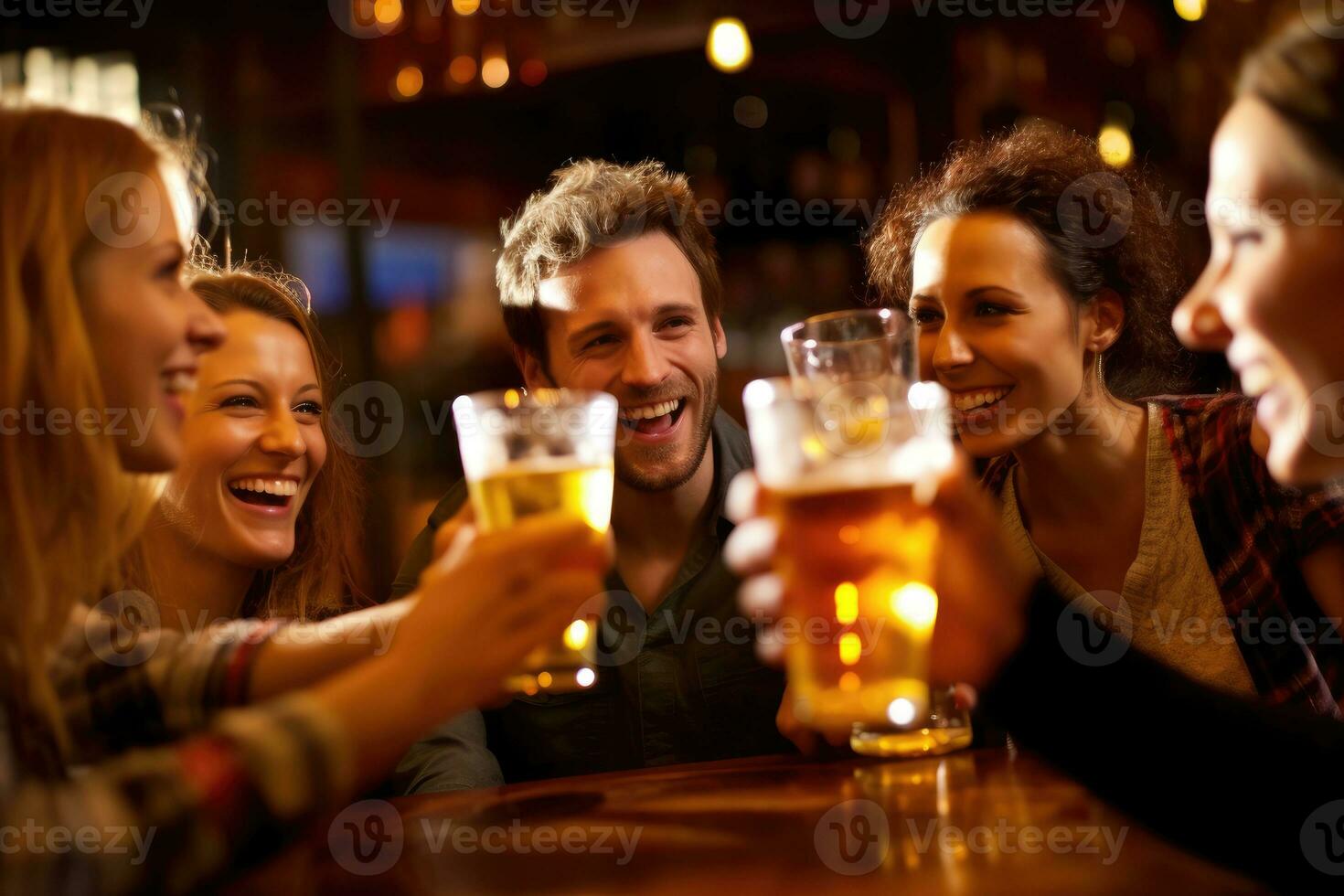 A group of friends toasting and celebrating with their beers in a vibrant, well - lit bar. Generative AI photo
