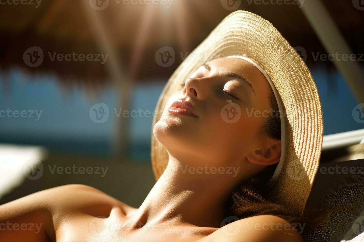 A close - up shot of a woman in a bikini, lying comfortably on a beach lounger, basking in the warm sunlight. Generative AI photo