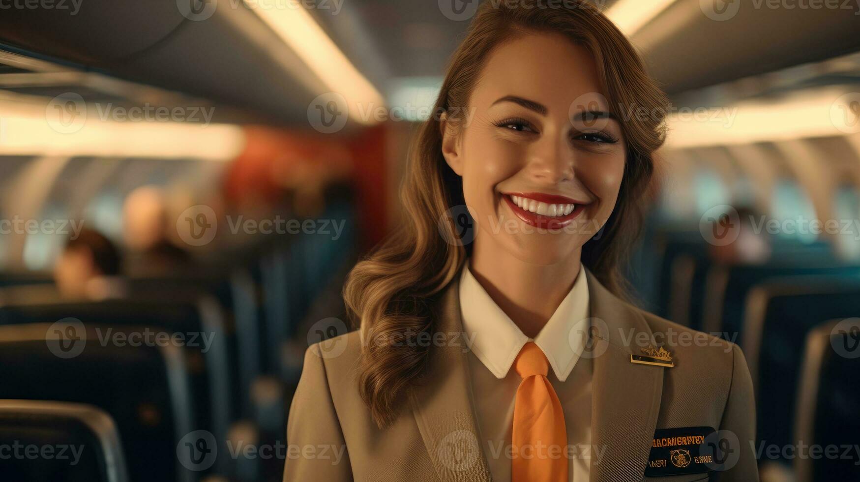 A close - up shot of a female flight attendant, standing in the aisle of an airplane cabin, warmly welcoming passengers with a smile.  Generative AI photo