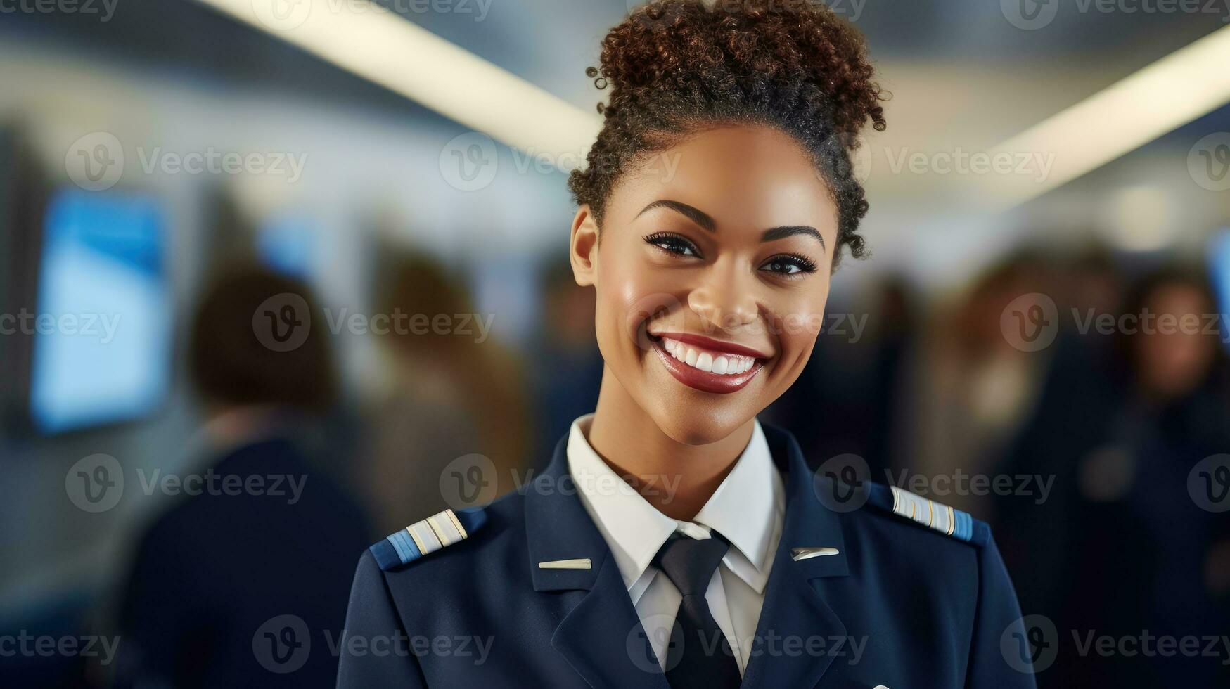 A close - up shot of a female flight attendant, standing in the aisle of an airplane cabin, warmly welcoming passengers with a smile.  Generative AI photo