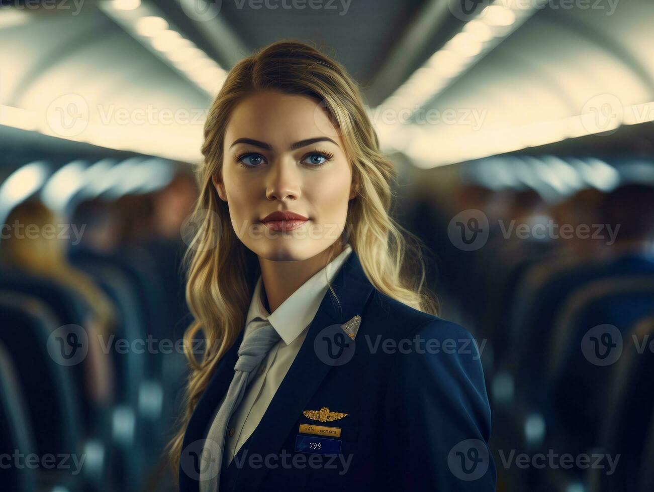 A close - up shot of a female flight attendant, standing in the aisle of an airplane cabin, warmly welcoming passengers with a smile.  Generative AI photo