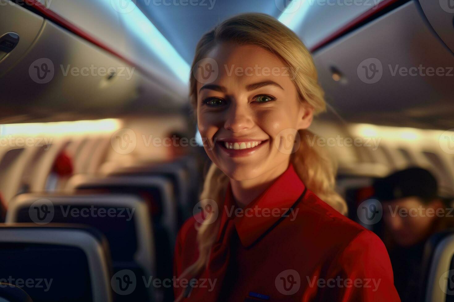 un cerca - arriba Disparo de un hembra vuelo asistente, en pie en el pasillo de un avión cabina, calurosamente acogedor pasajeros con un sonrisa. generativo ai foto