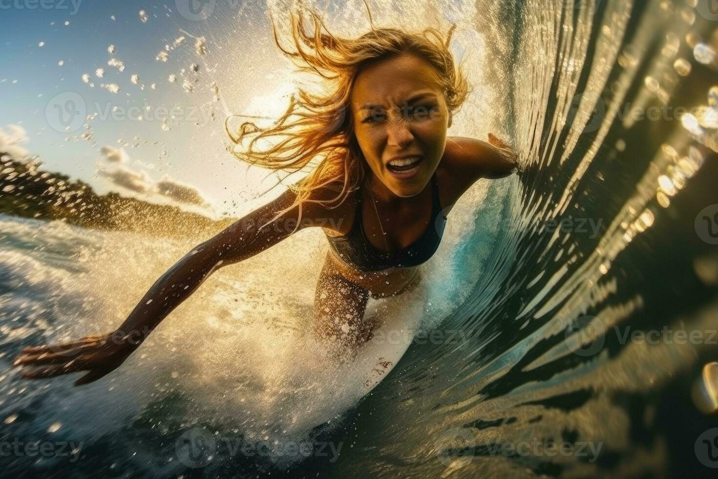 A photo of a female surfer surfing on a strong wave. Generative AI