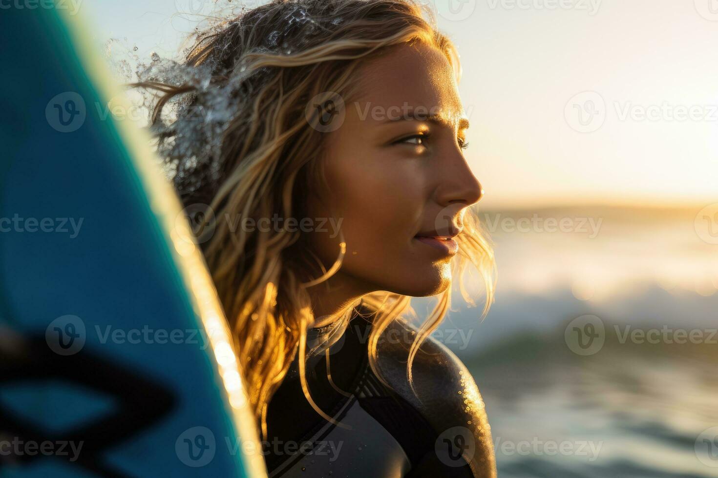Photo of a female surfer carrying her surfboard on the beach. Generative AI