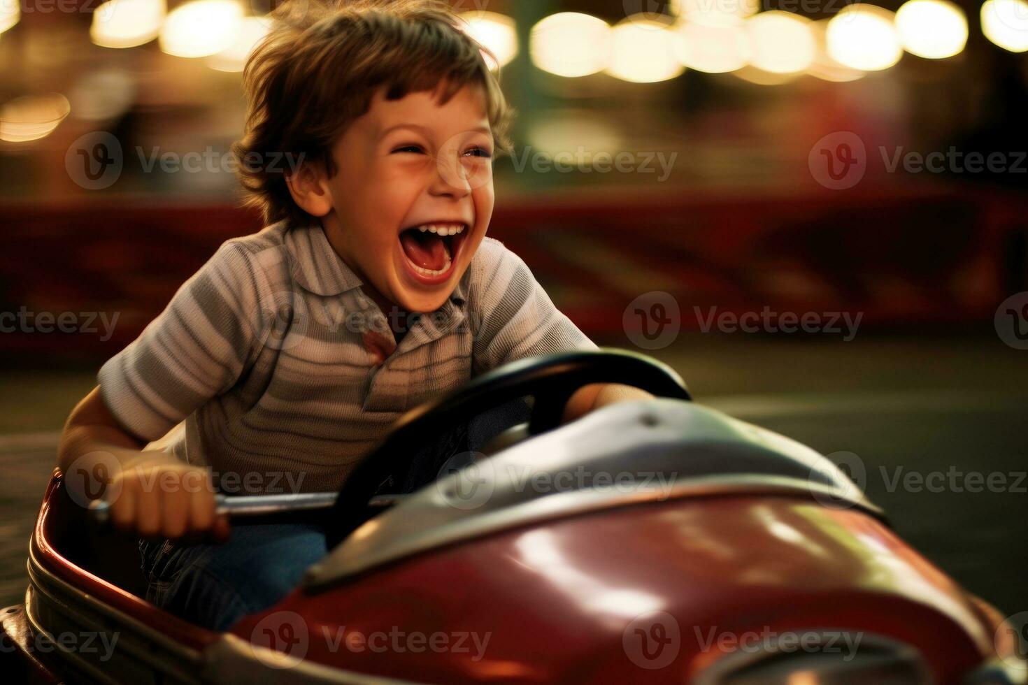 A close - up shot of a young boy, laughing and enjoying the adrenaline rush of a bumper car collision. Generative AI photo
