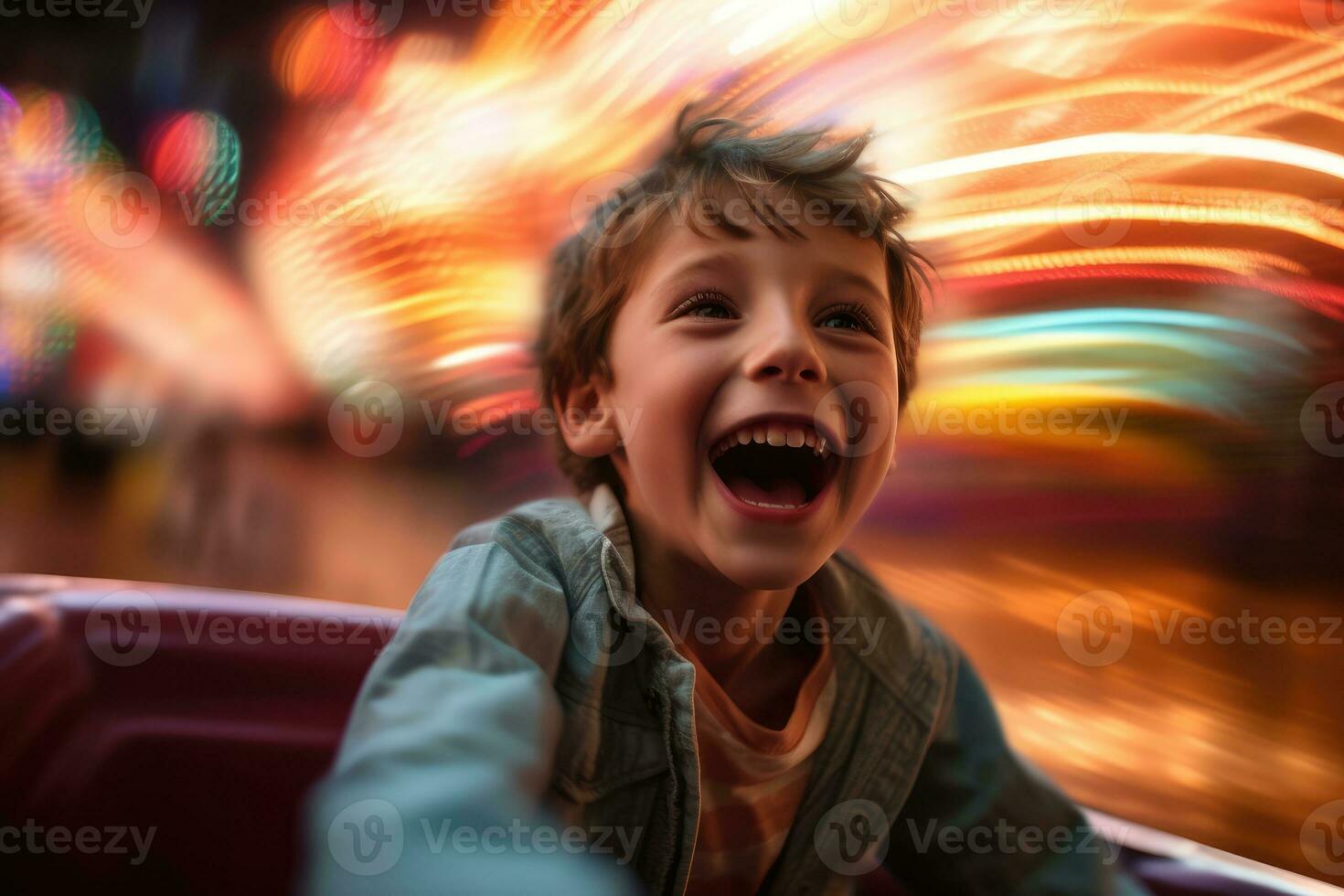 un cerca - arriba Disparo de un joven chico, riendo y disfrutando el adrenalina prisa de un parachoque coche colisión. generativo ai foto