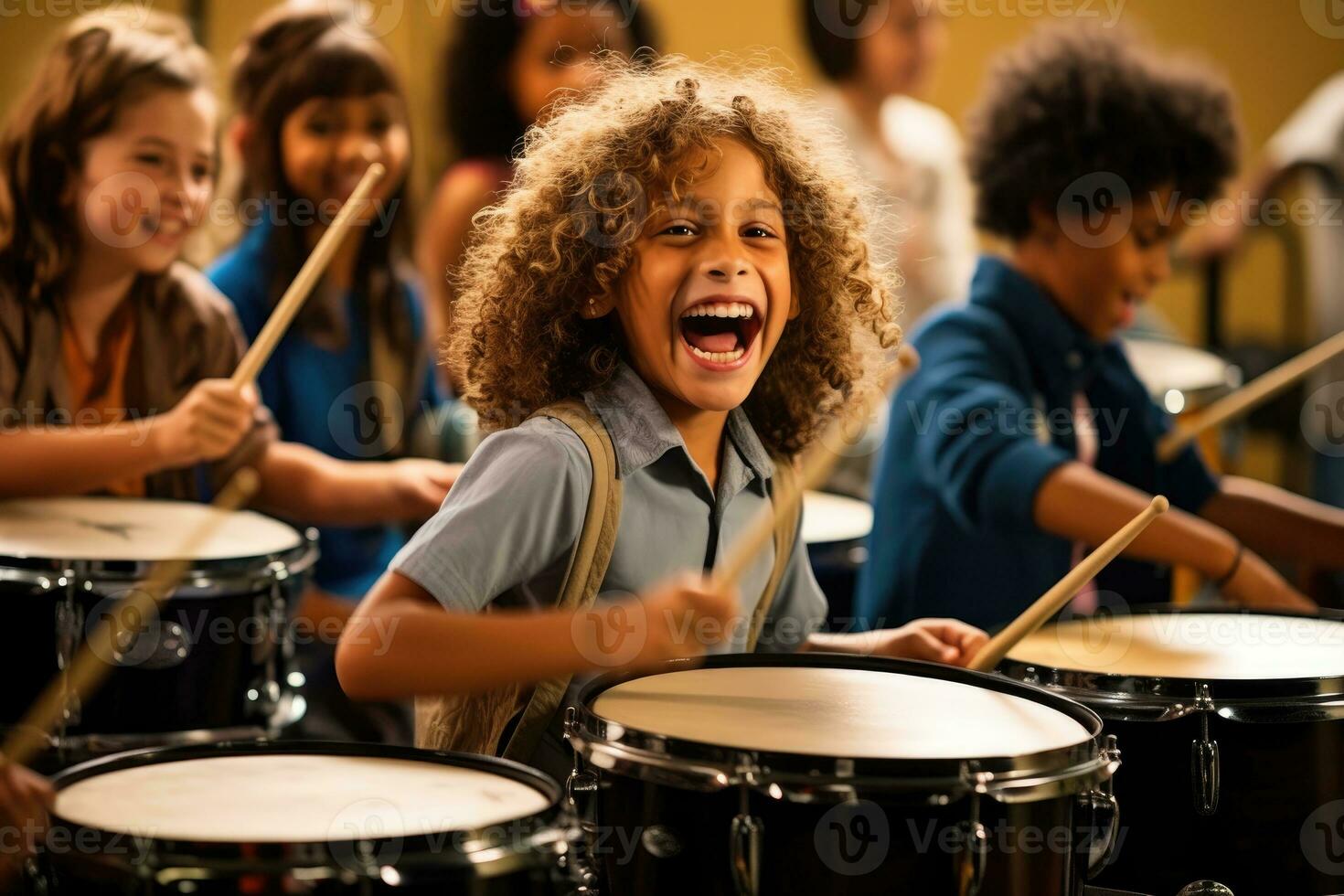 The lively energy and passion of a drum course with a dynamic group of students. Generative AI photo