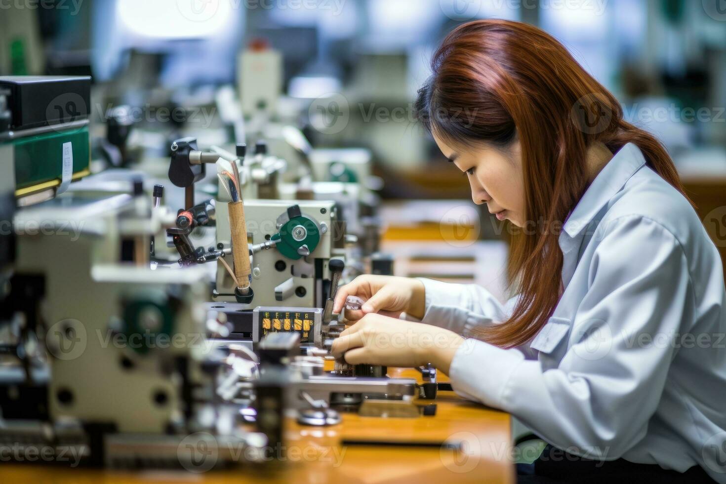 A young woman working on a production line in a bustling factory with a close - up shot of her hands assembling a product. Generative AI photo