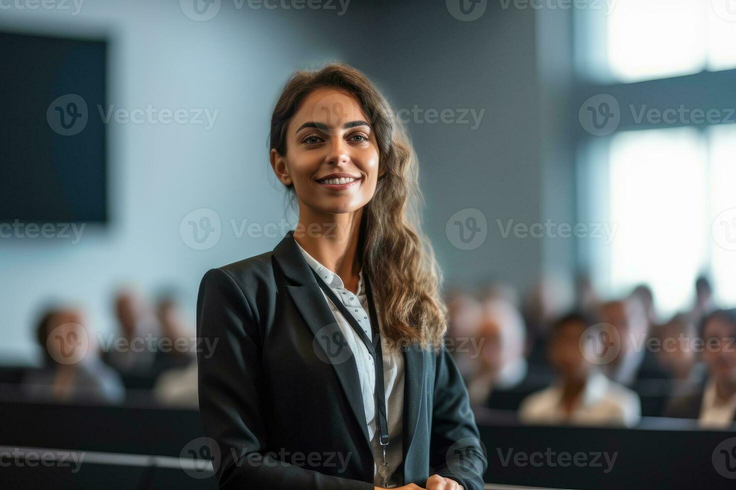 un cerca - arriba Disparo de un confidente mujer de negocios dando un presentación en un moderno conferencia habitación. generativo ai foto