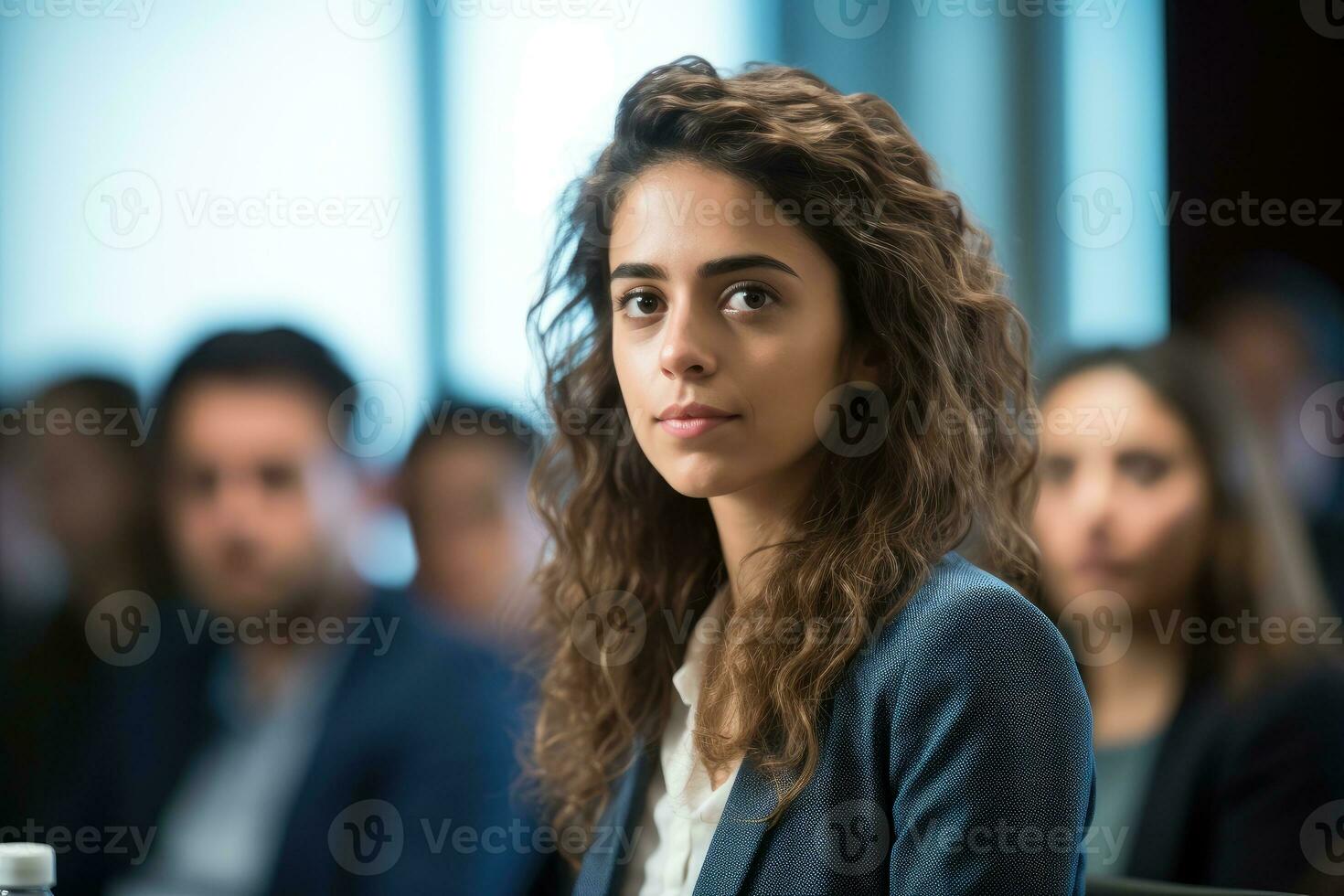 A close - up shot of a confident businesswoman giving a presentation in a modern conference room. Generative AI photo