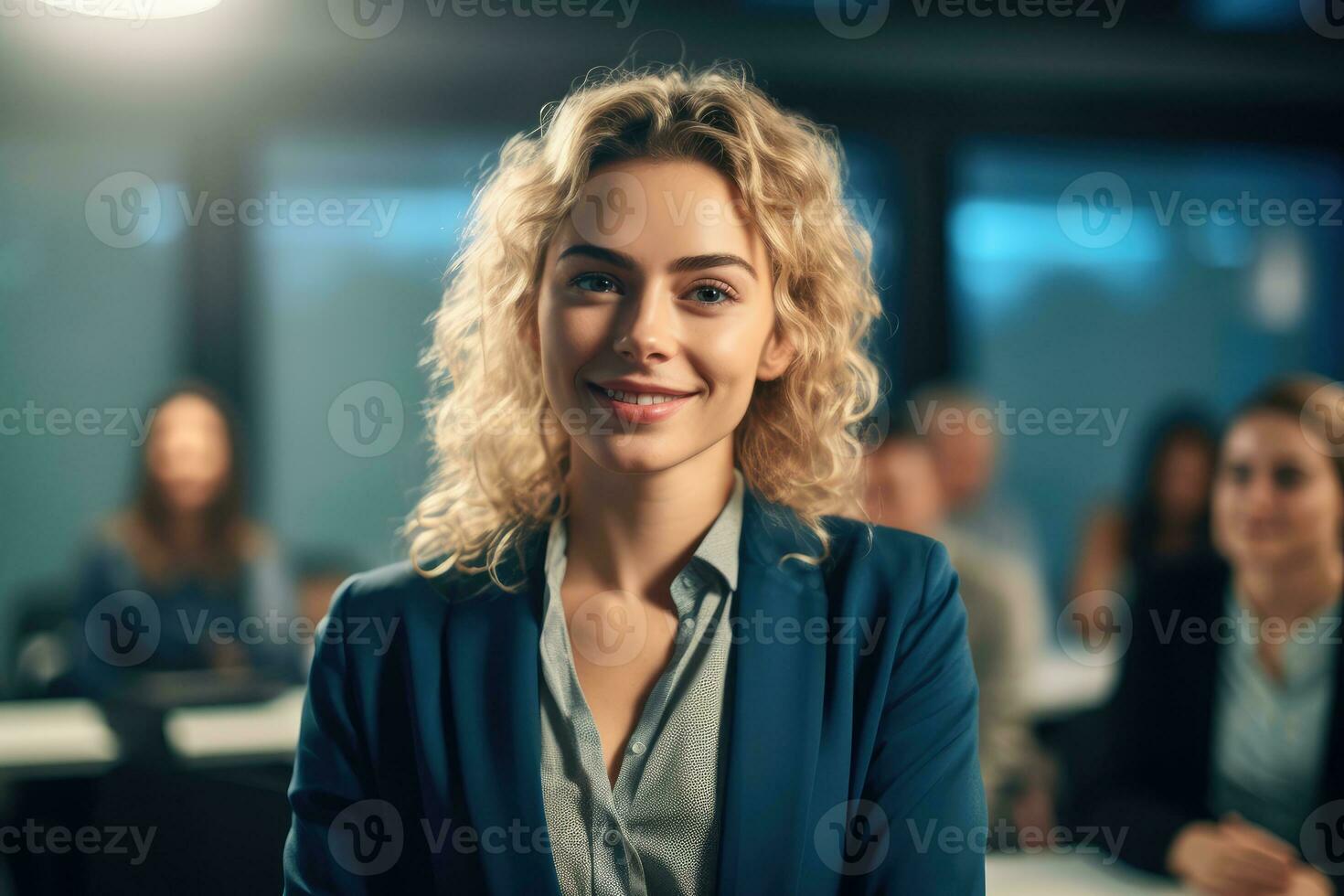 A close - up shot of a confident businesswoman giving a presentation in a modern conference room. Generative AI photo
