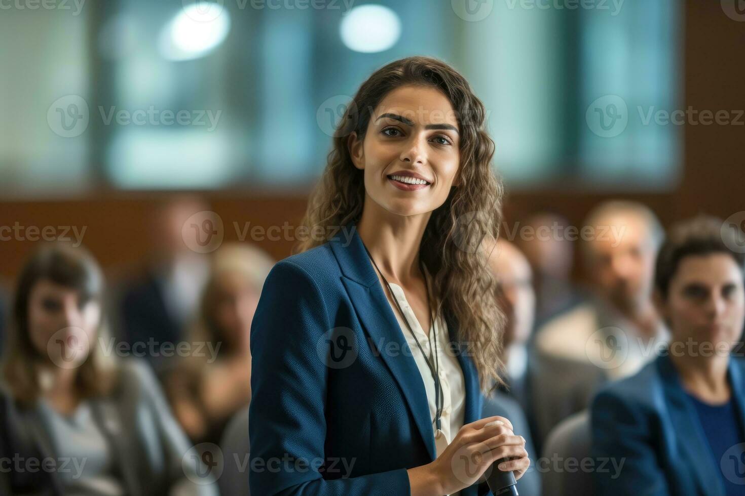 A close - up shot of a confident businesswoman giving a presentation in a modern conference room. Generative AI photo