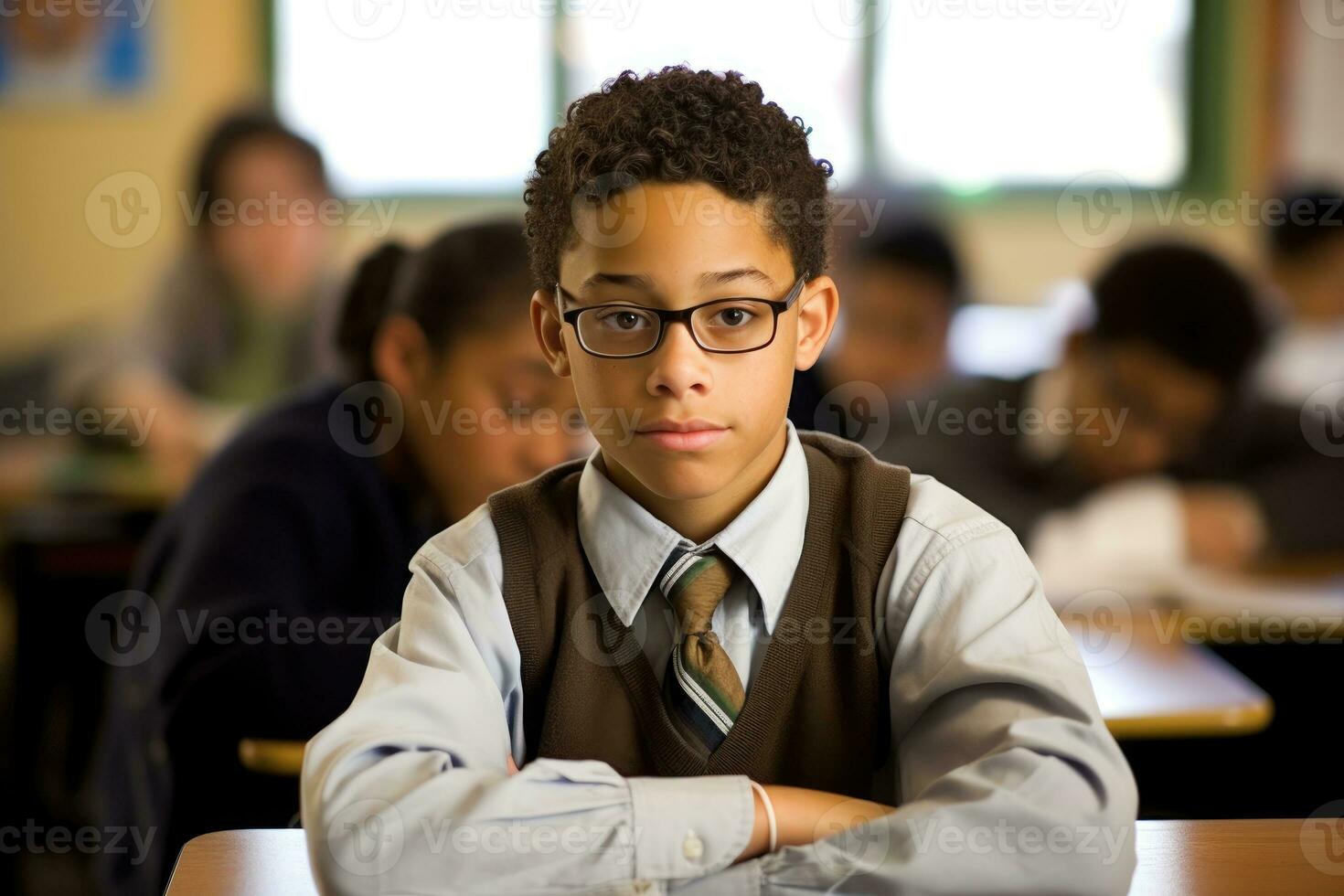 A close - up shot of a confident student presenting in a classroom setting. Generative AI photo