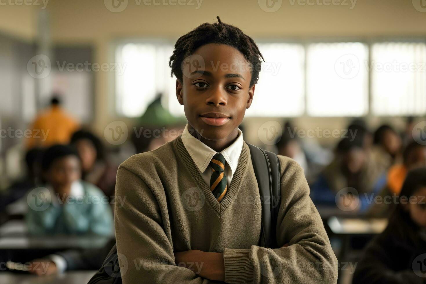 A close - up shot of a confident student presenting in a classroom setting. Generative AI photo