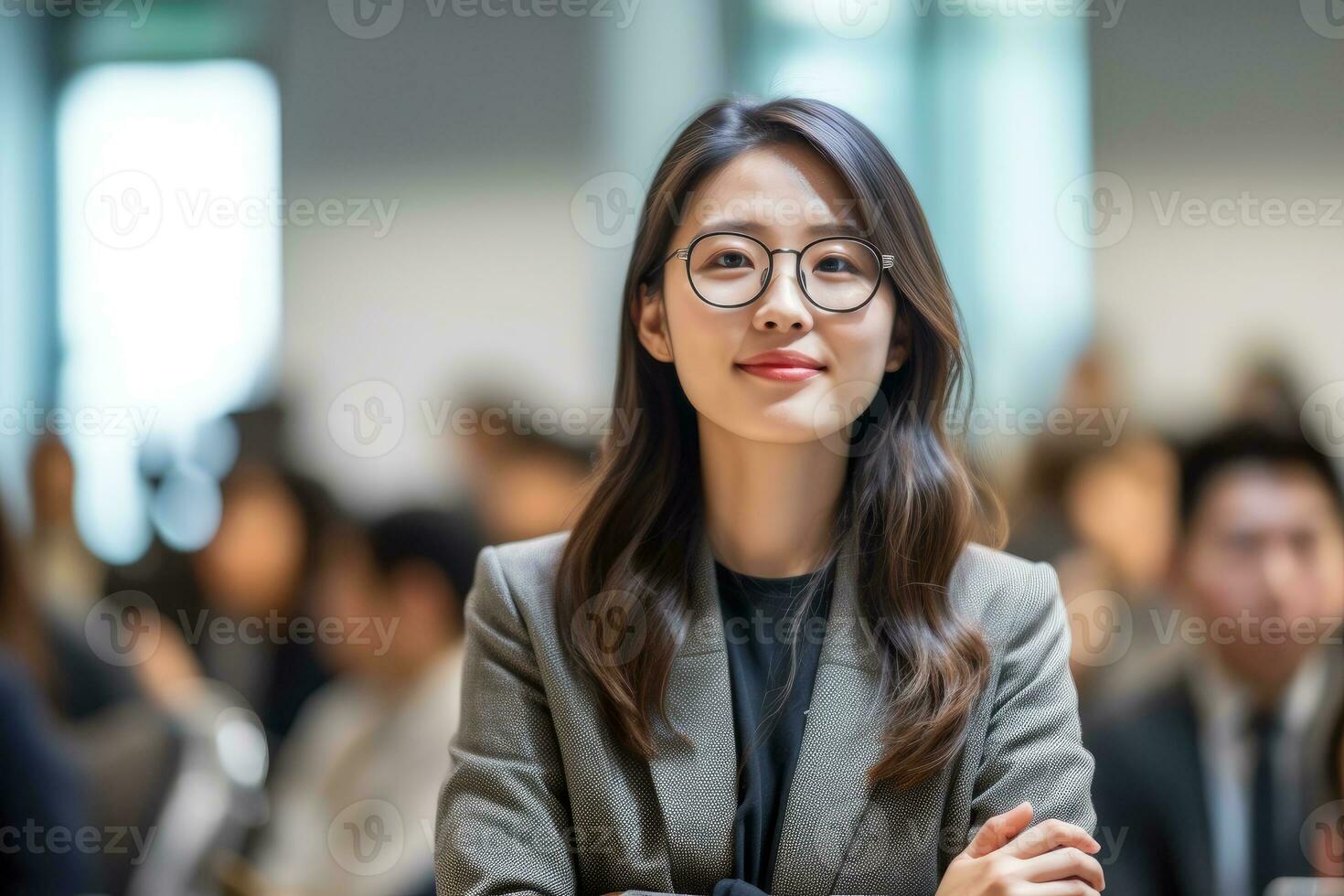 A close - up shot of a confident businesswoman giving a presentation in a modern conference room. Generative AI photo