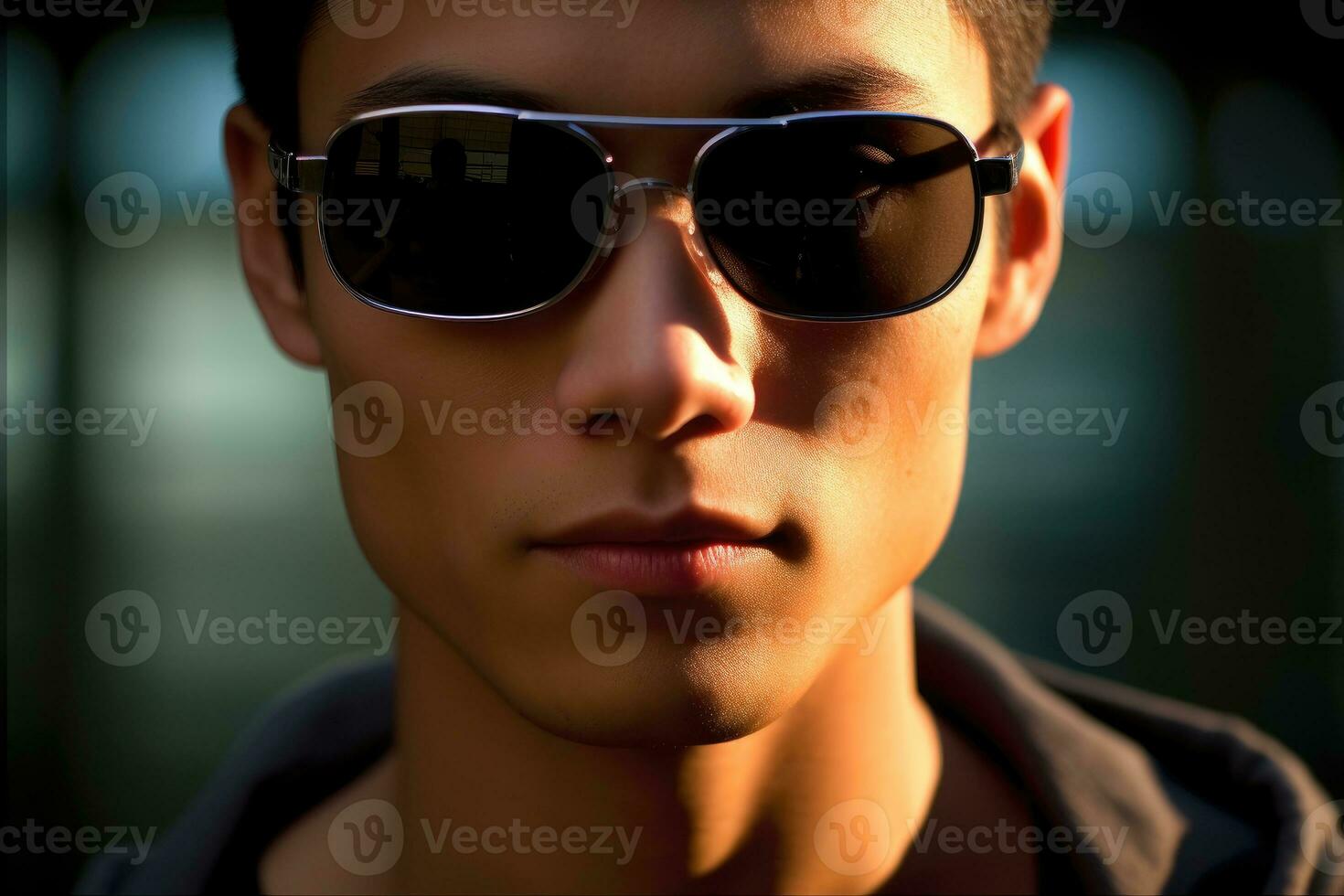 A close - up shot of a confident young man wearing stylish sunglasses. Generative AI photo