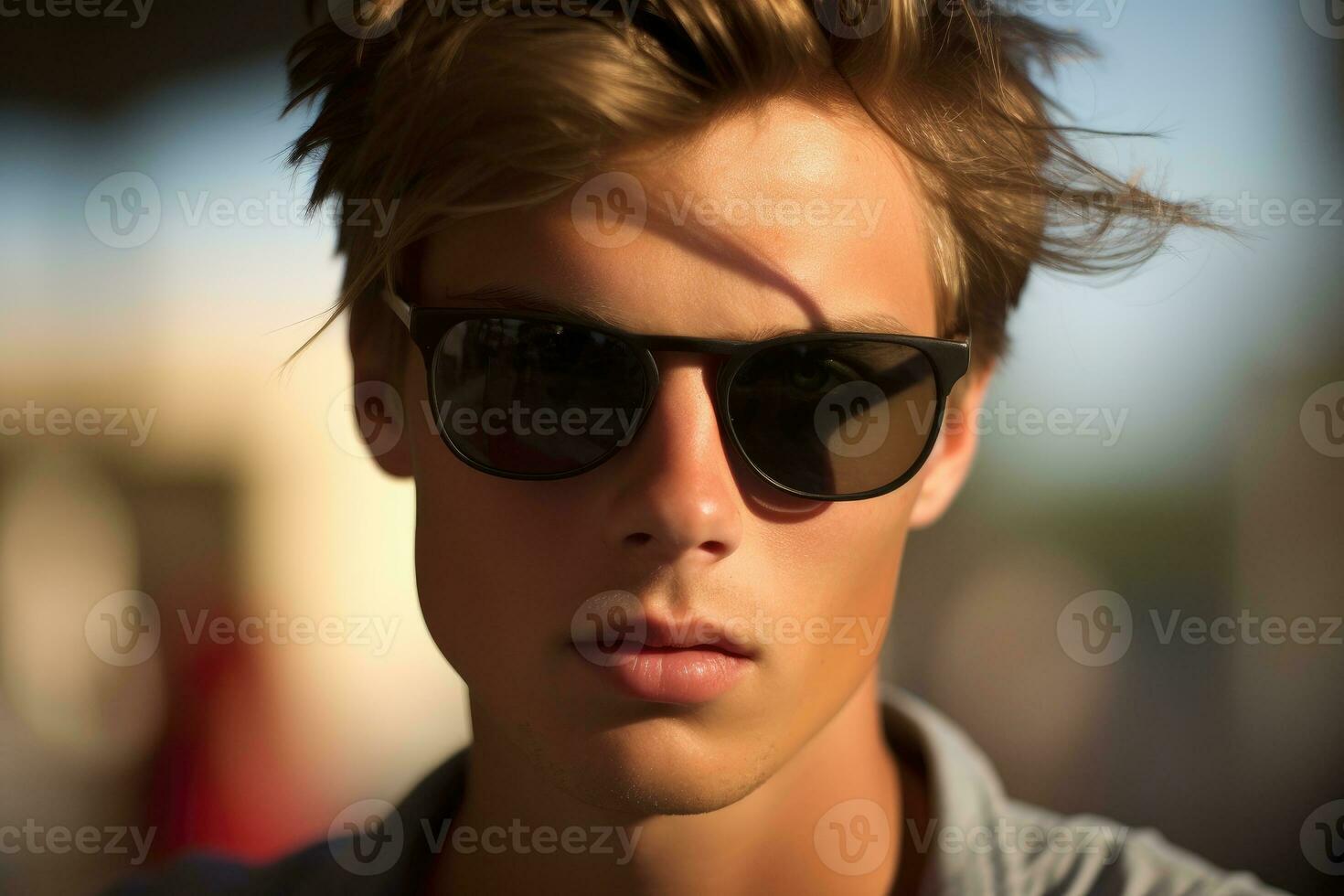 A close - up shot of a confident young man wearing stylish sunglasses. Generative AI photo