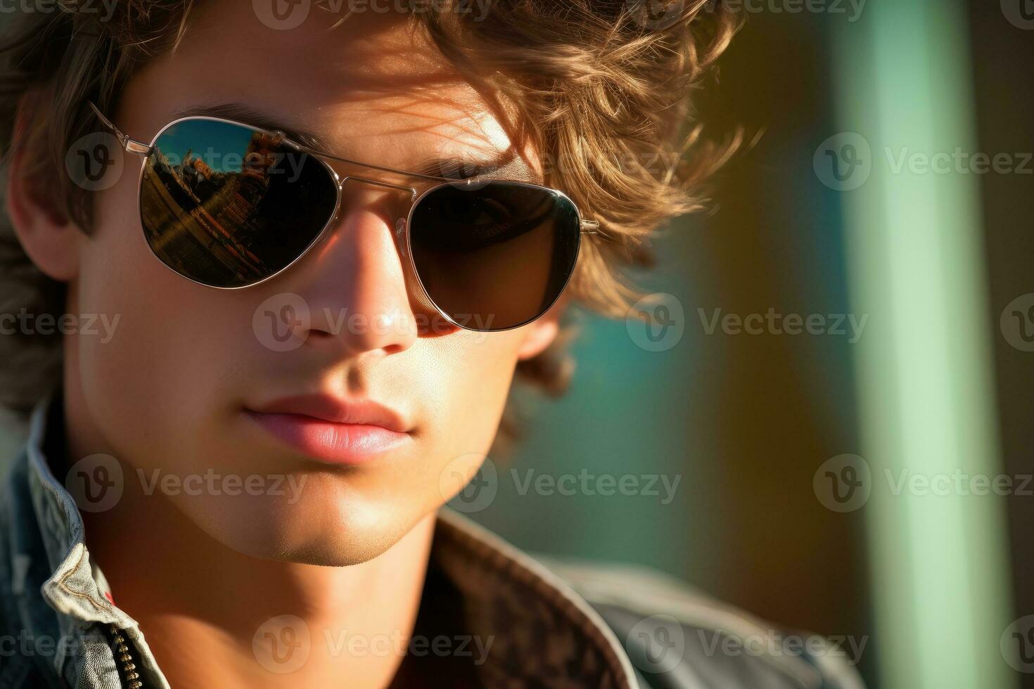 un cerca - arriba Disparo de un confidente joven hombre vistiendo elegante Gafas de sol. generativo ai foto