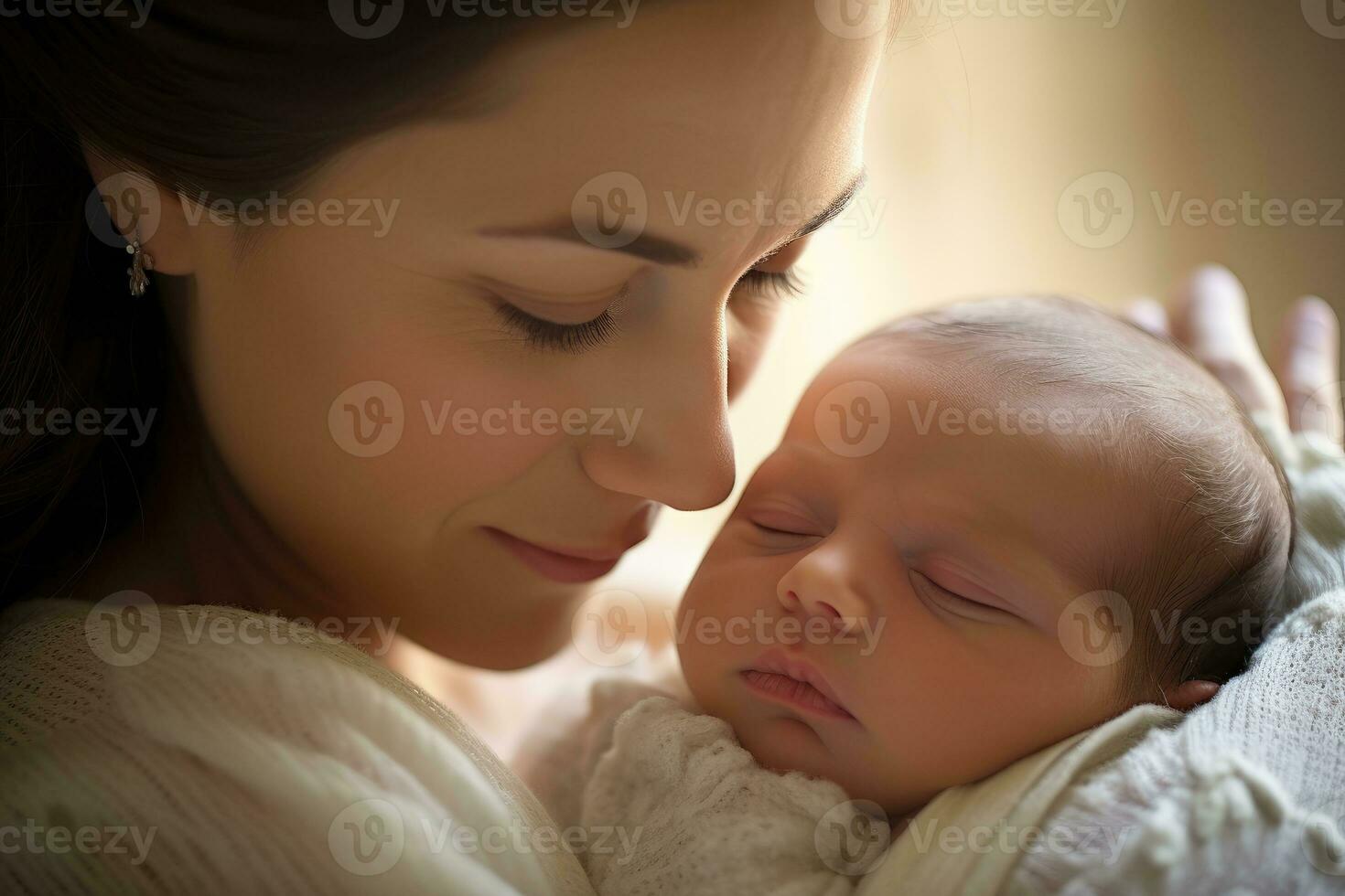 A close - up shot of a contented mother gently cradling her newborn baby. Generative AI photo
