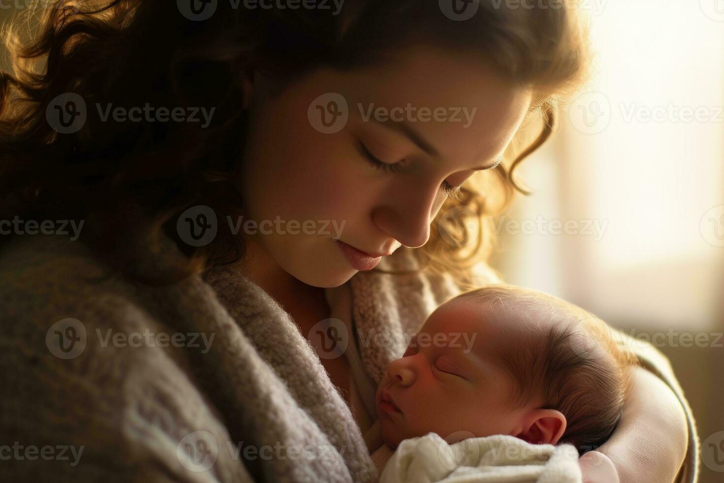 A close - up shot of a contented mother gently cradling her newborn baby. Generative AI photo