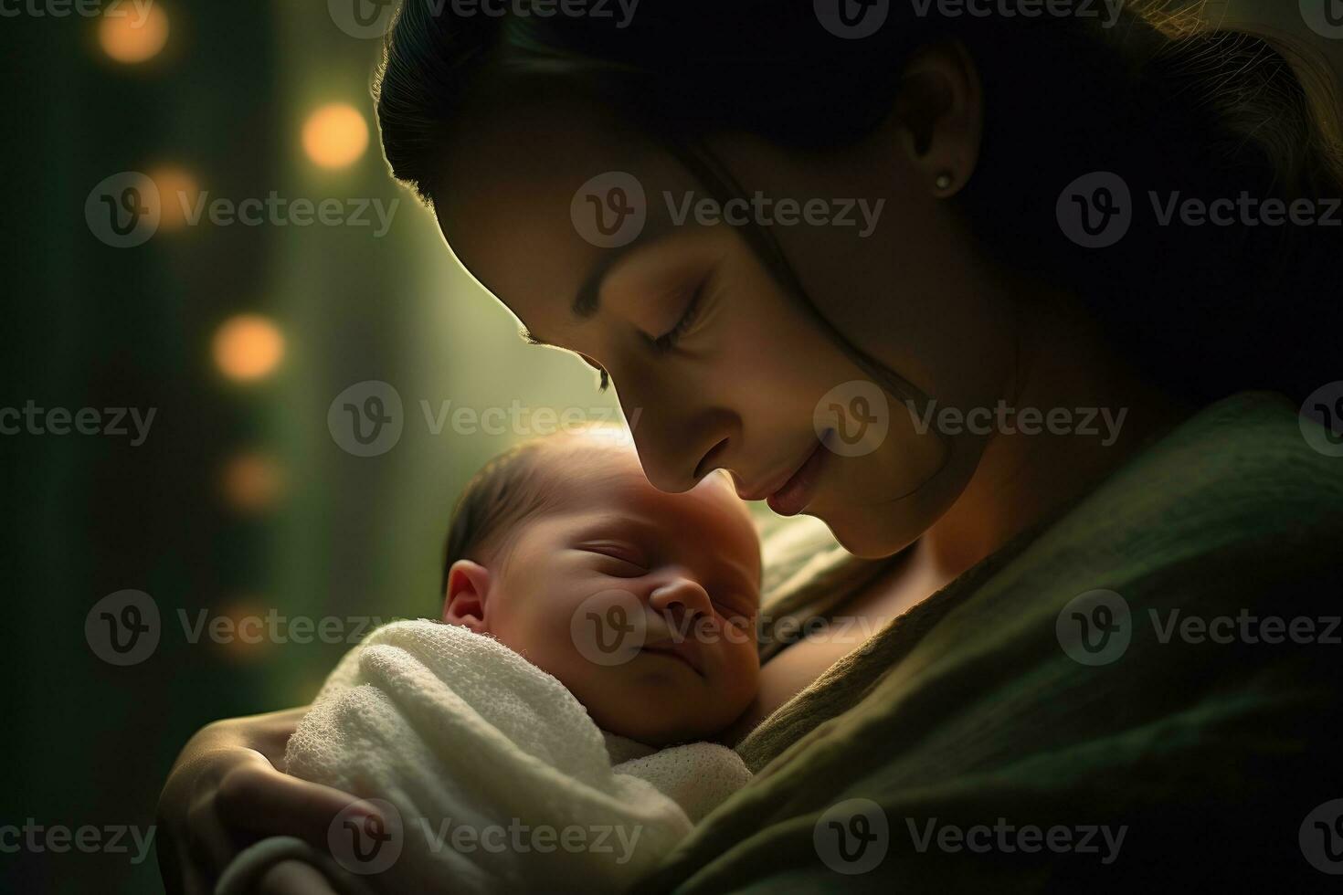 A close - up shot of a contented mother gently cradling her newborn baby. Generative AI photo