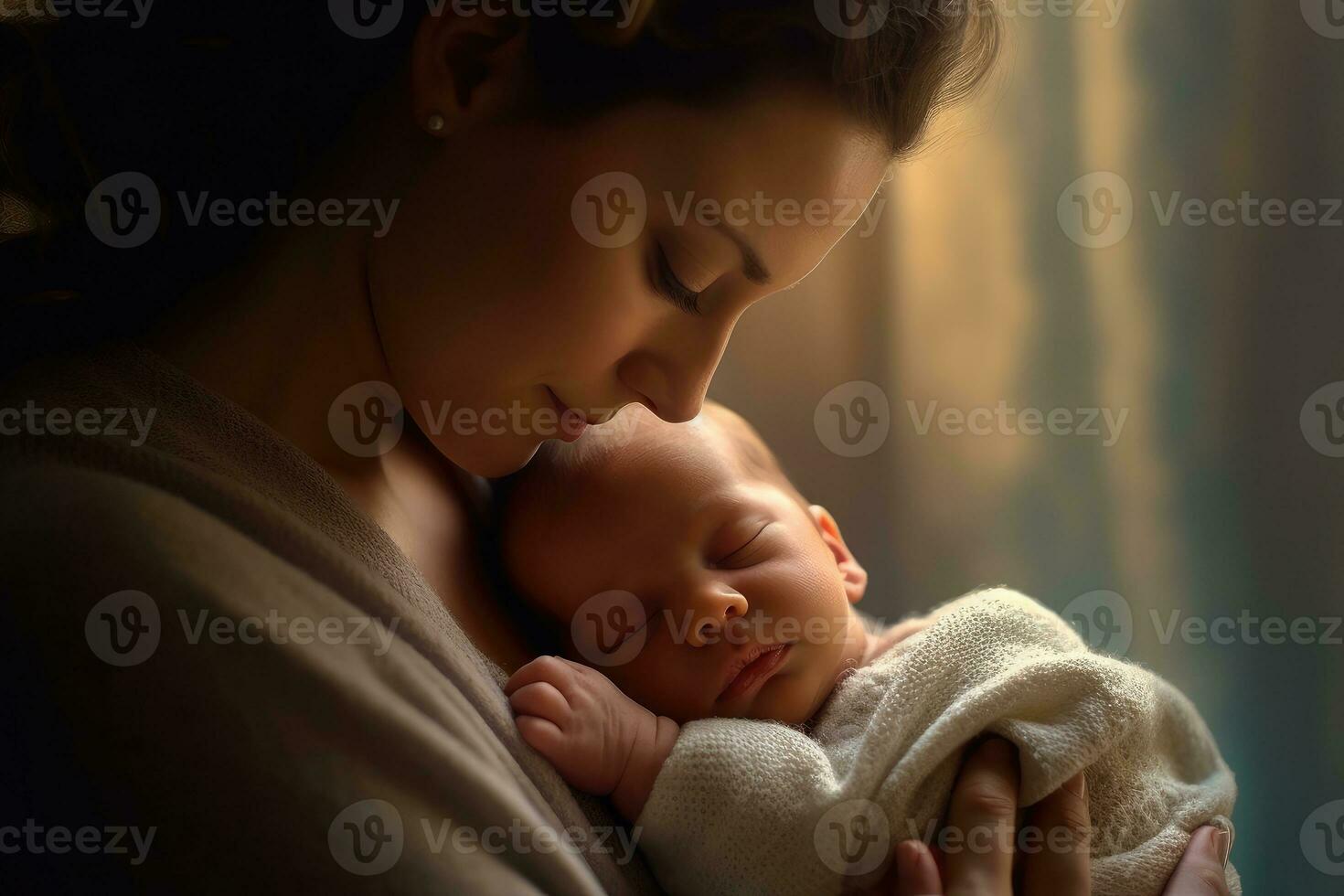 A close - up shot of a contented mother gently cradling her newborn baby. Generative AI photo