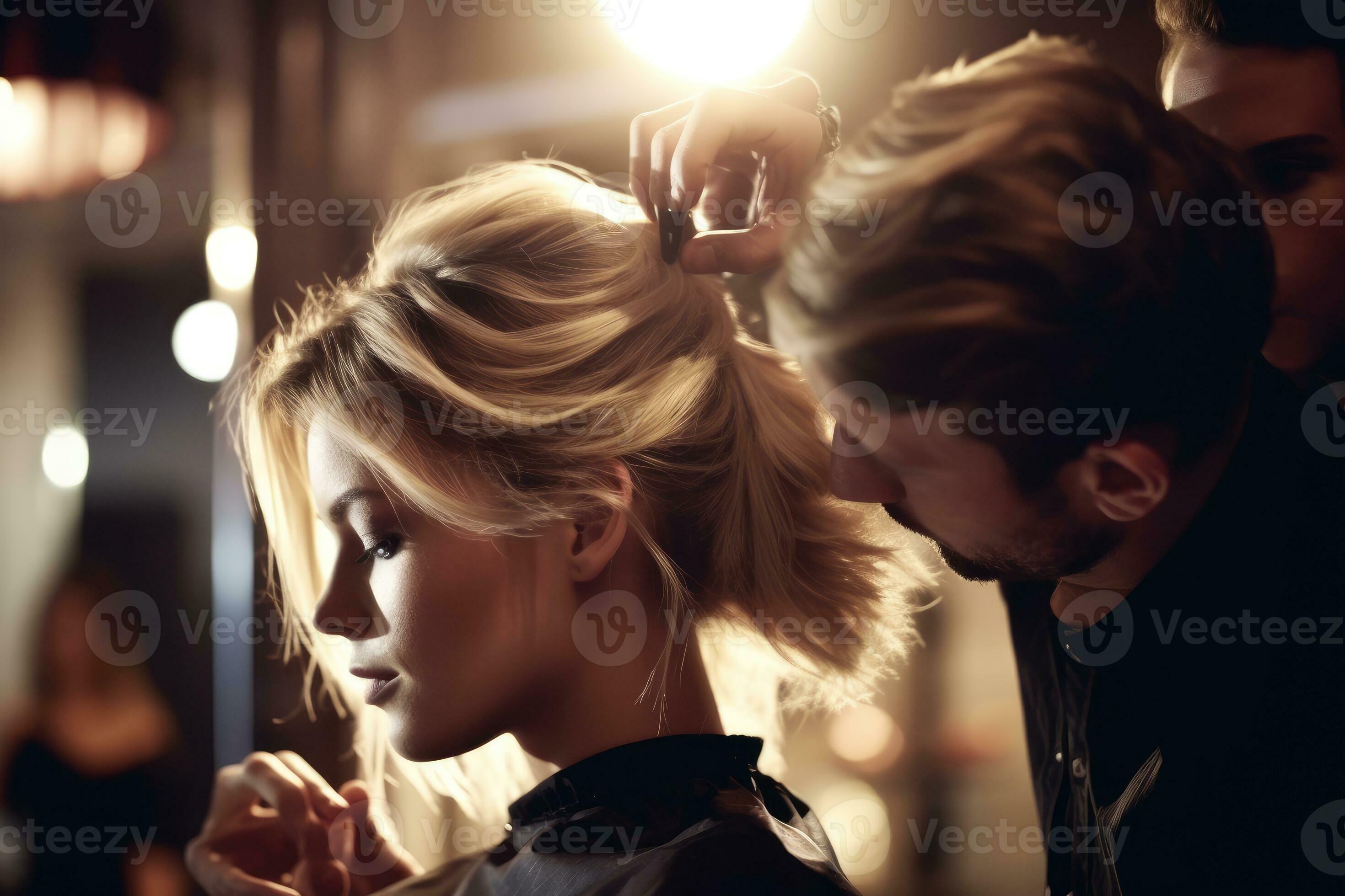 A close - up shot of a fashionable male hair stylist shaping a woman's 