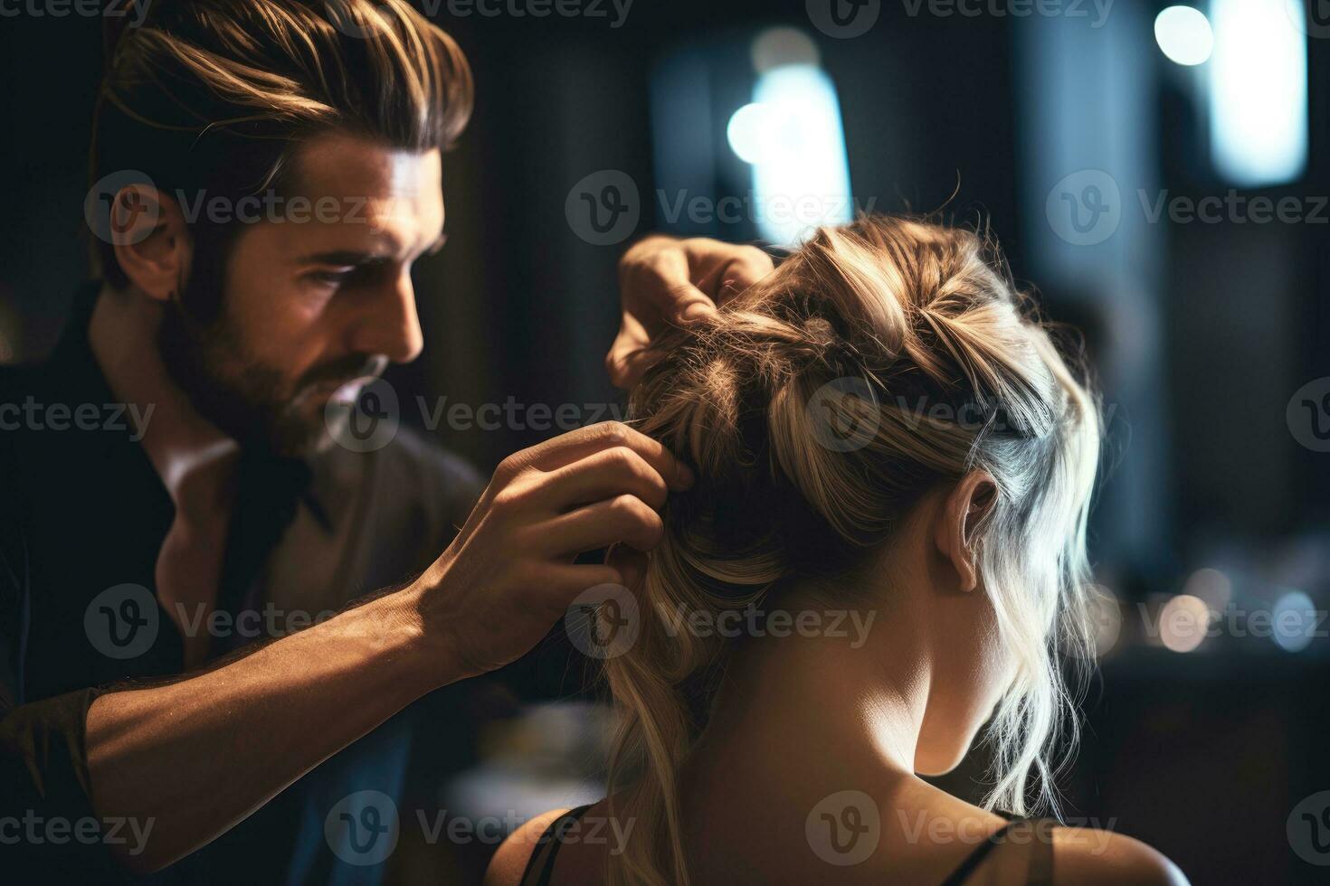 A close - up shot of a fashionable male hair stylist shaping a woman's hair in a luxurious women's salon. Generative AI photo