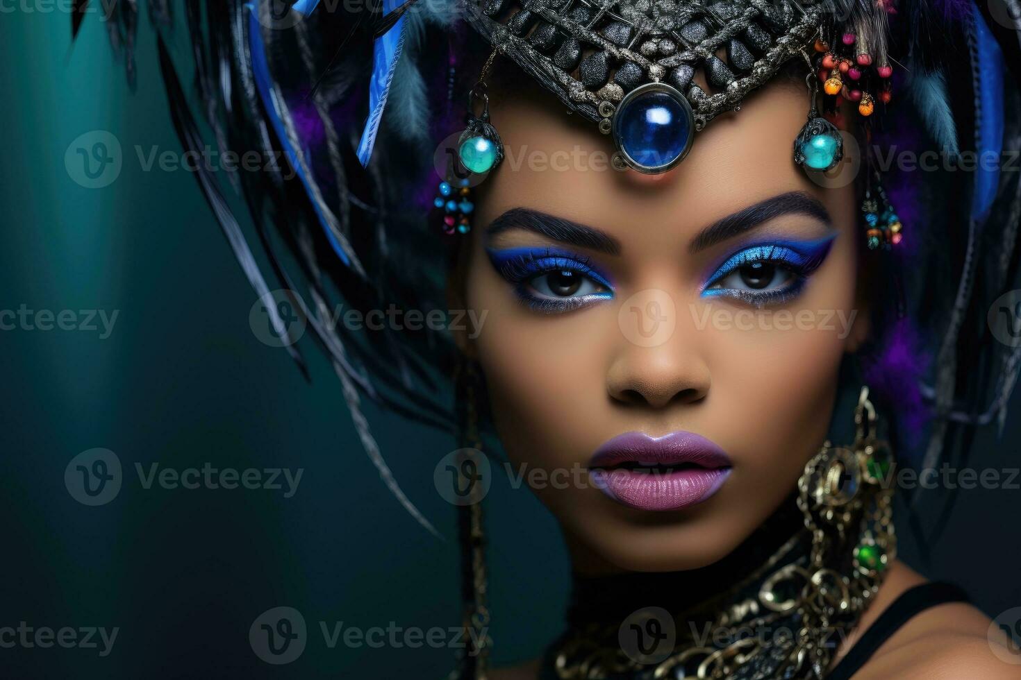 A close - up shot of a fashion model, showcasing intricate makeup and bold accessories. Generative AI photo